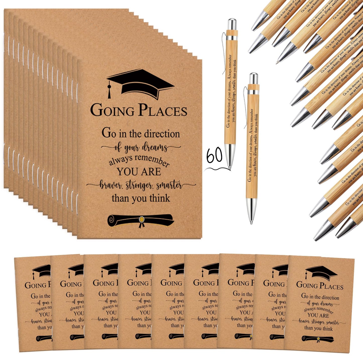 Kosiz 120 Pcs 2026 Graduation Gifts Bulk Motivational Kraft Notebooks Ballpoint Pens Inspirational Mini Journal Bamboo Plastic Retractable Pen for Class of 2026 College Grad Gifts (Wooden)
