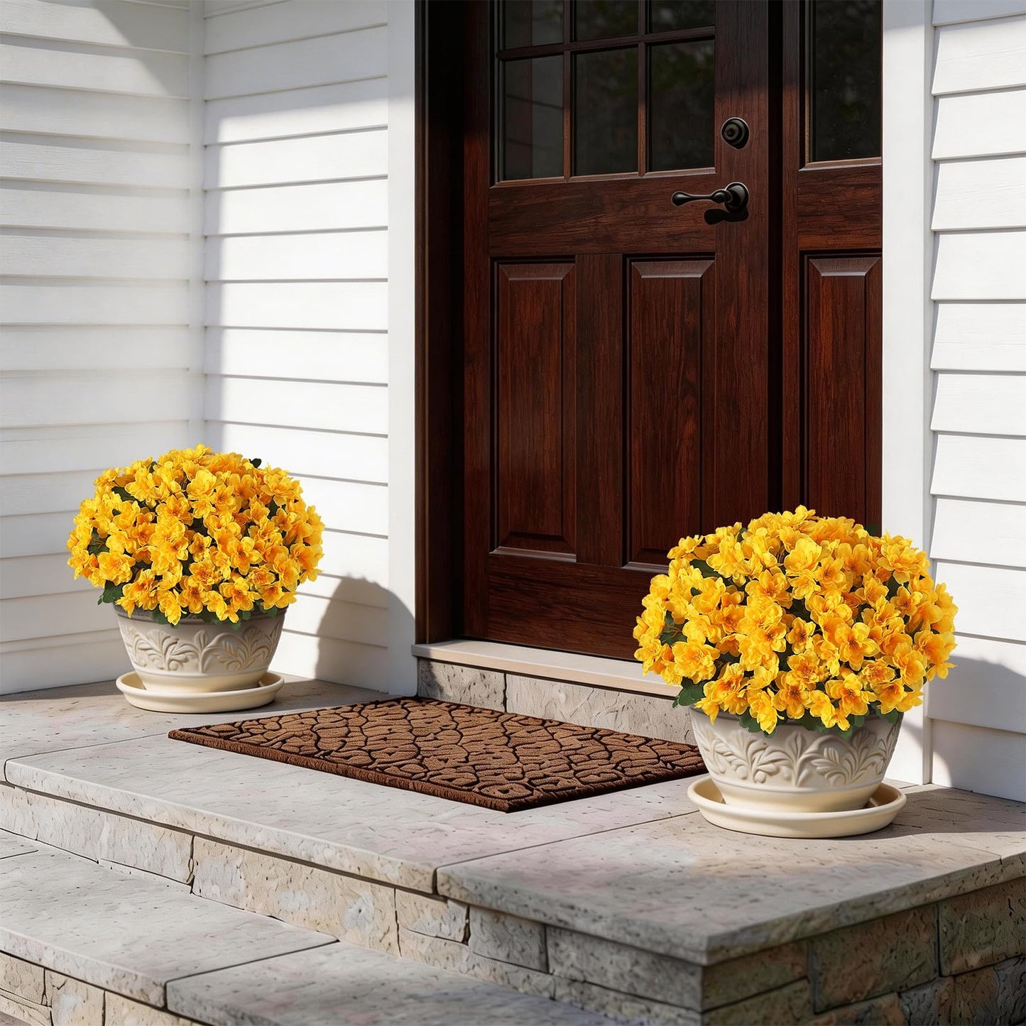 YXZZWL Set of 2 Artificial Azalea Flower Topiary Trees - Fake Silk Flower Potted Plants, Sun-Resistant Faux Outdoor Azalea Bushes for Front Door, Garden, Yard, Farmhouse Decor (Yellow)