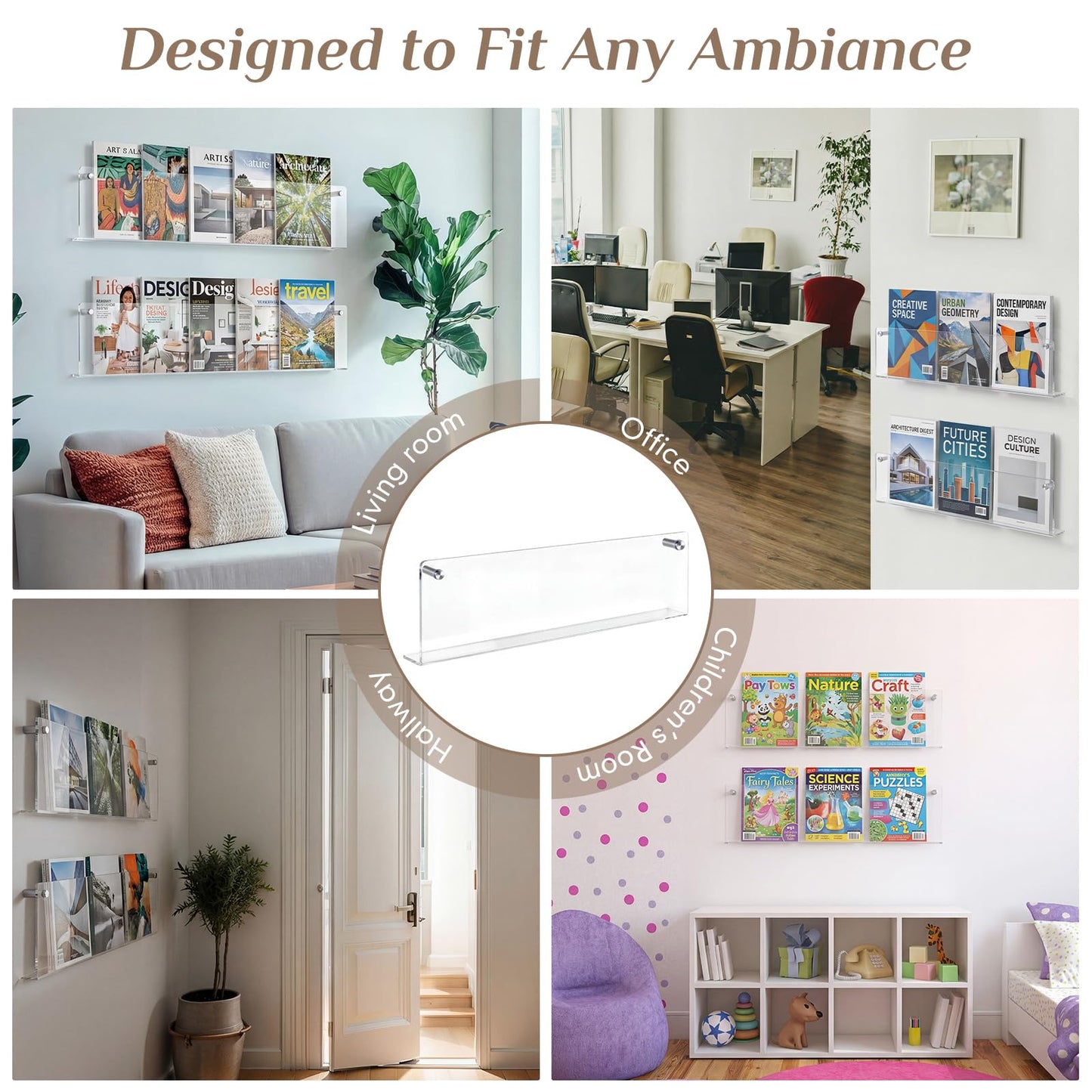 Fiwochic 2 Pack Clear Acrylic Magazine Holder Brochure Holder Wall Mount Hanging Bookshelf Literature Storage Rack for Document Brochure File Display Shelf for Waiting Living Room Office (24 Inch)