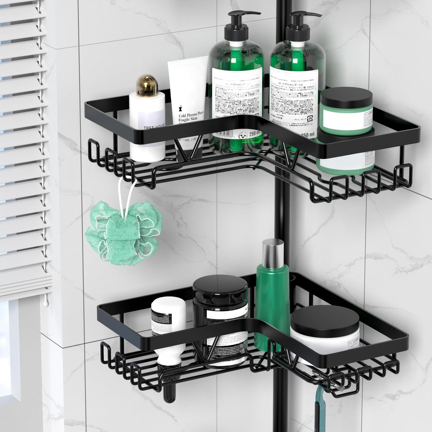 DAOYA Corner Shower Caddy Tension Pole - 4 Tier Stainless Steel Rustproof Shower Corner Caddy for Bathtub Bathroom Shower Organizer Shelves Adjustable Pole 25-114.2 Inch Black