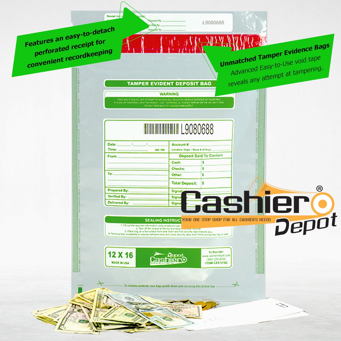 100 Cashier Depot - Tamper Evident Deposit Bags, 12" x 16", Clear, Plastic, Press & Seal VOID Closure, Perforated Receipt, Serialized Barcode, 100 Count