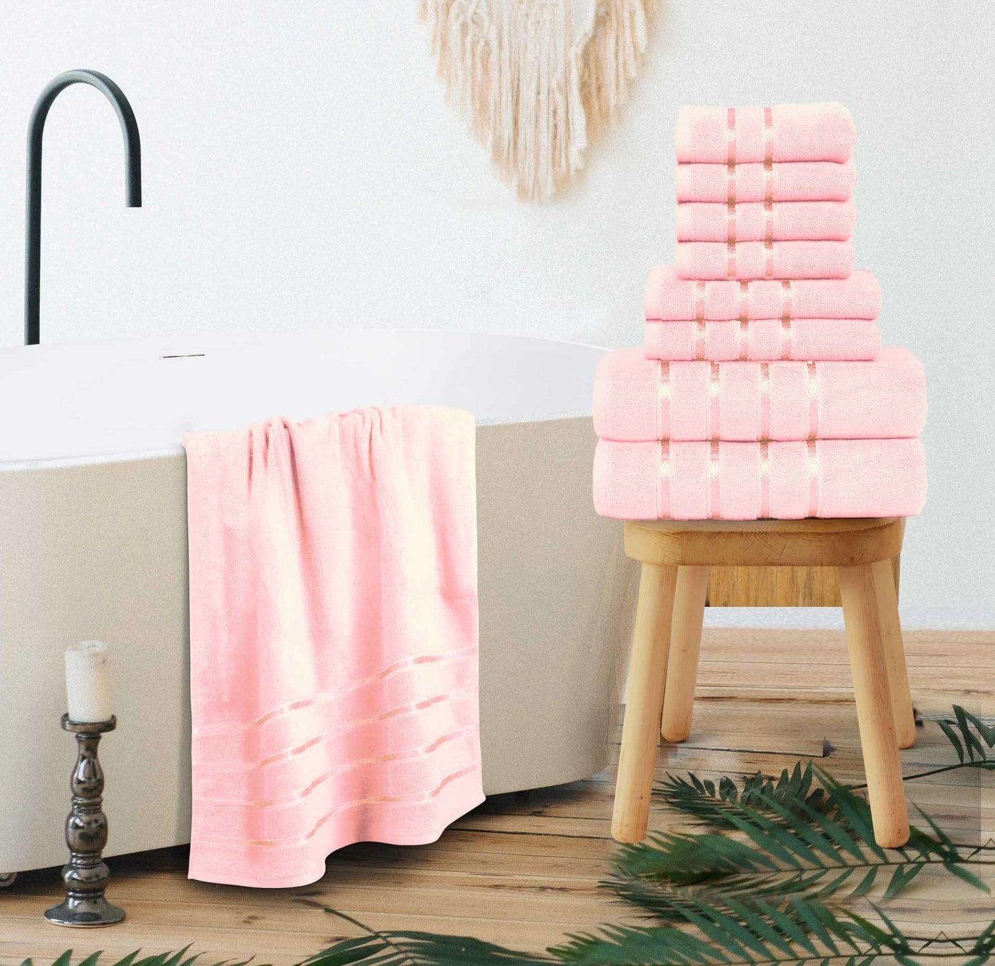 YRALY Luxury Pink Towel Set of 8-2 Bath Towels 2 Hand Towels 4 Washcloths - 600 GSM 100% Cotton Ring Spun Viscose Border Towels Set - Light Pink