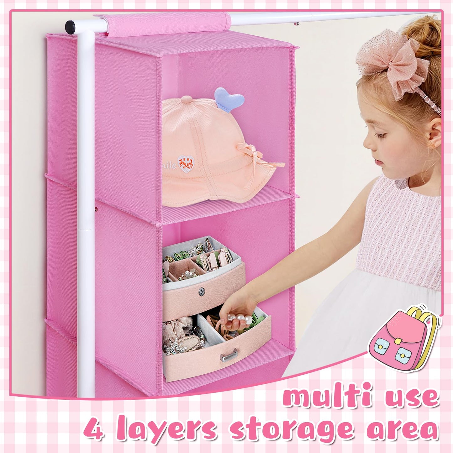 Univivi 43" Tall Kids Clothing Rack, Toddler Dress Up Storage with Hanging Organizer – Sturdy Metal Baby Closet, Space-Saving for Nursery & Bedroom, Pink/White