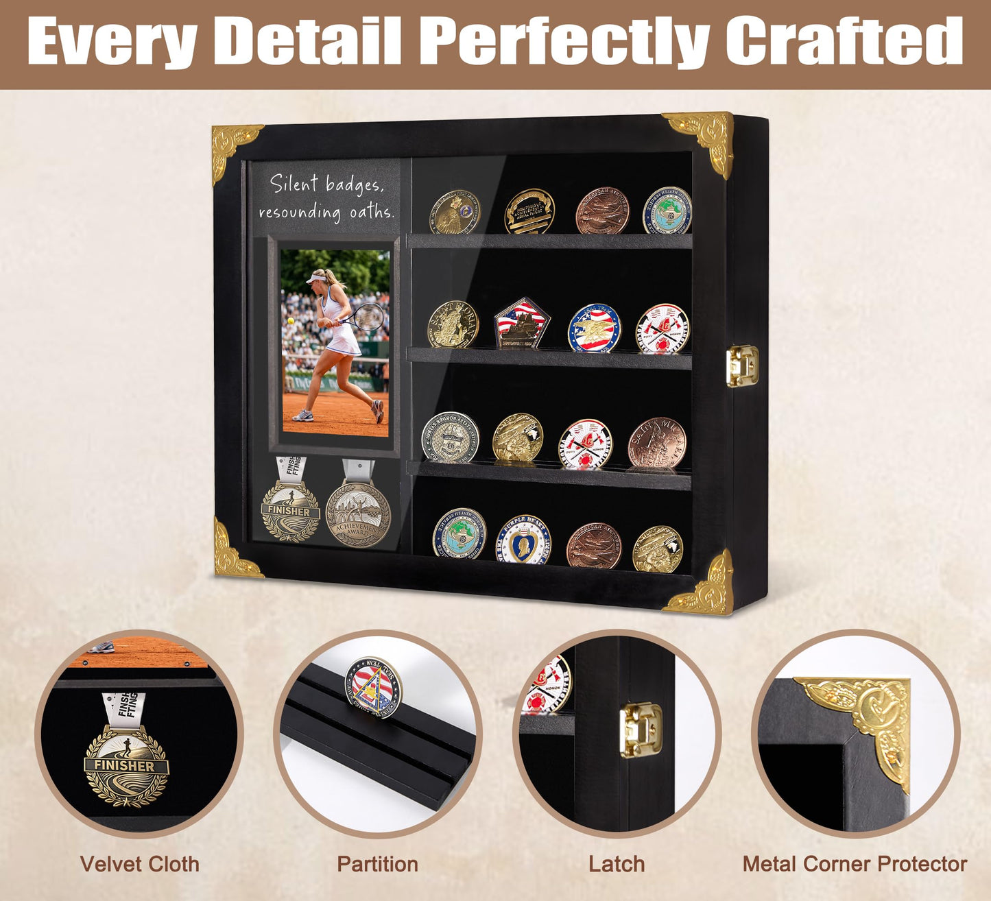 KWYADLUO Challenge Coin Display Case for Gift, Lighted Coin Medal Holder with Photo Frame & Chalkboard, Wall Mount Shadow Box with Removable Shelves, Memorial Gift for Men, Veterans, Collectors, Black