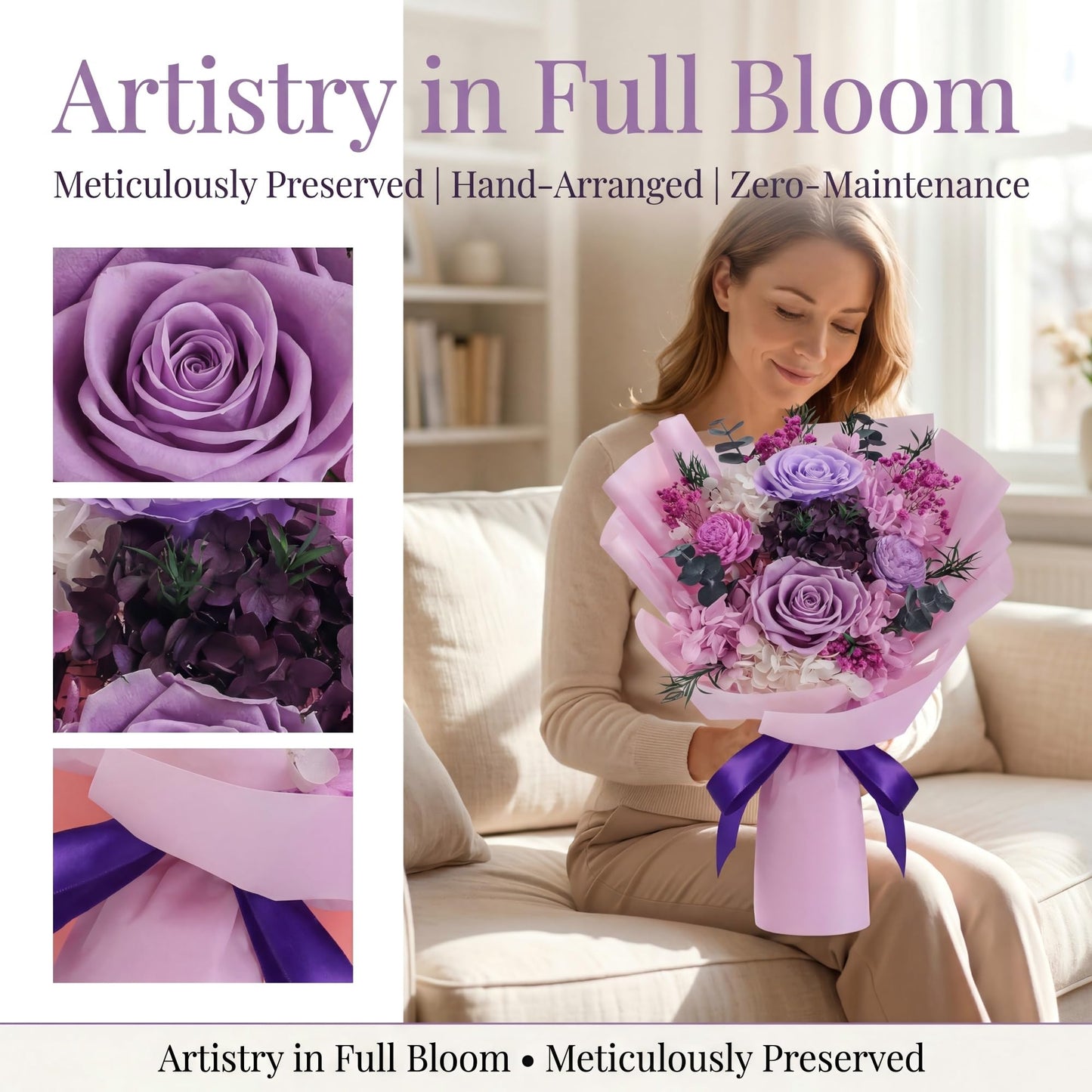 HOTKBO Flowers for Delivery, Preserved Flowers Bouquets – 4 Eternal Purple Preserved Roses that Last 2-3 Years, Birthday Gifts for Women, Forever Roses Bouquet for Graduation,Anniversary,Home Decor