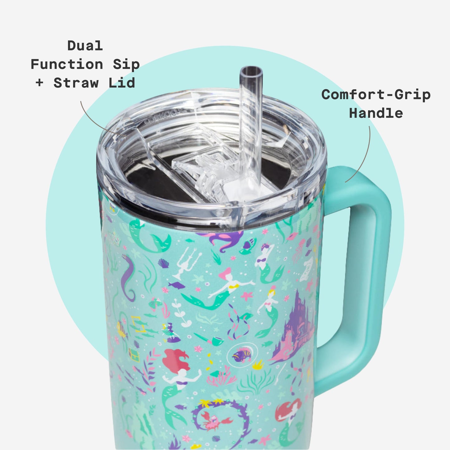 Corkcicle Cruiser Insulated Tumbler with Handle & Straw - Keeps Drinks Ice Cold - Triple-Insulated - Leakproof Travel Mug - BPA-Free - Summer Drinkware Gift - 40 oz, Princess Ariel