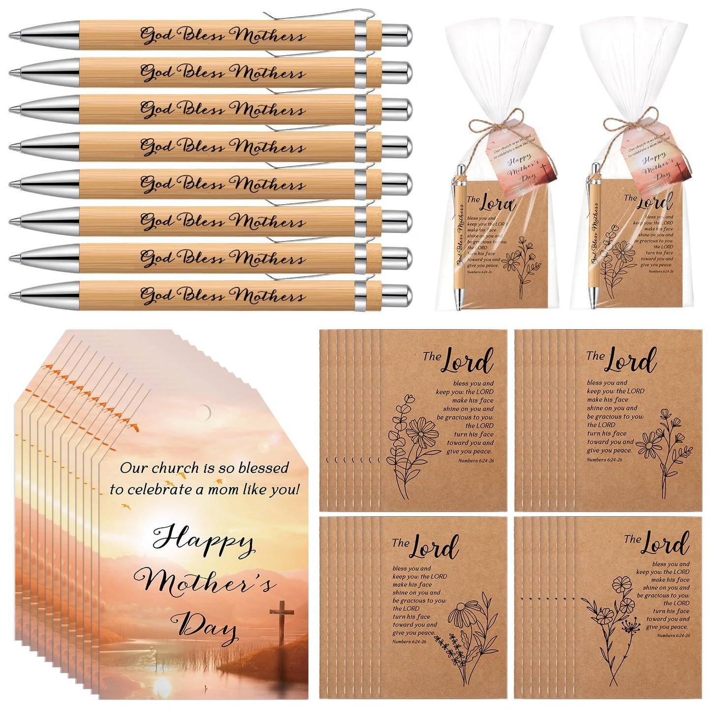Moinchore 75 Sets Mothers Gifts Christian Bible Verse God Bless Mothers Pens Religious Notebooks Christian Gift Cards with Bags Twine for Women Church Sunday School (Flower)