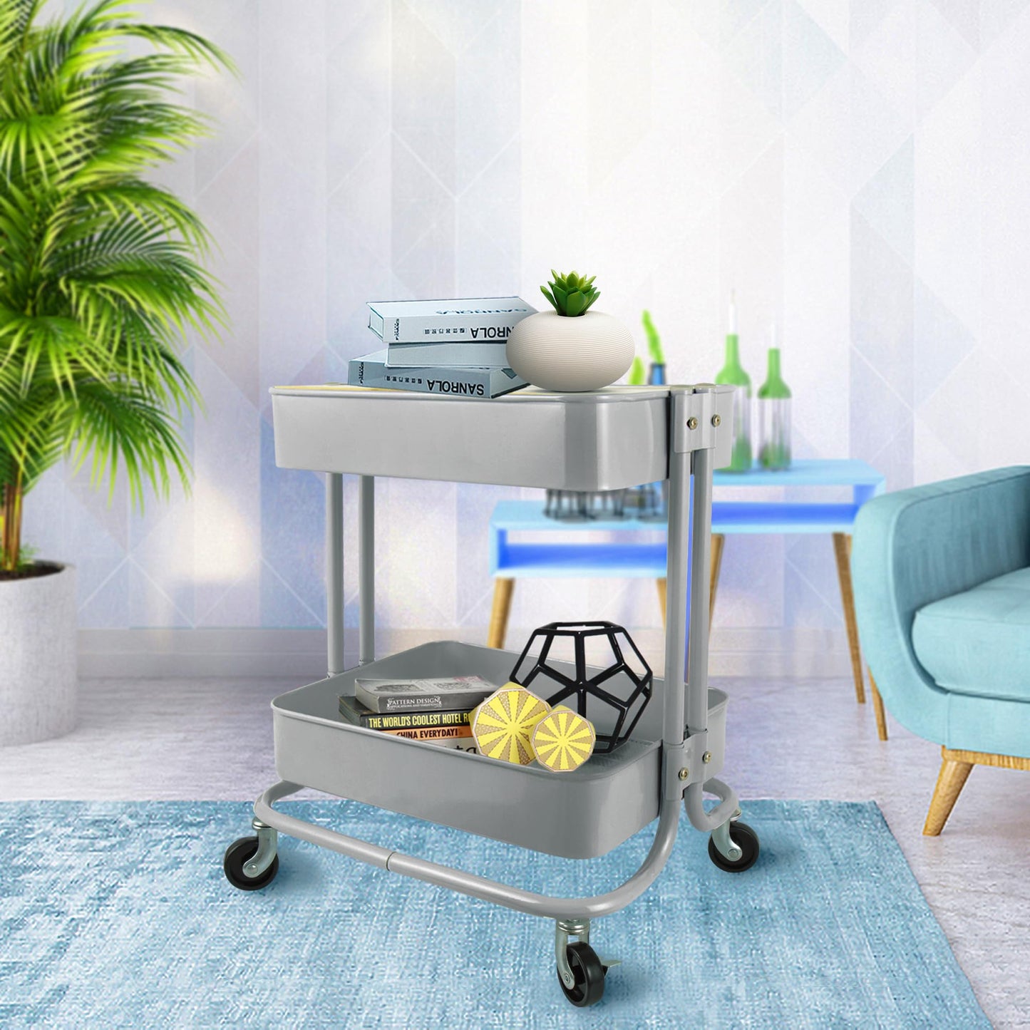 PUNP 2 Tier Rolling Cart，Metal Utility Cart with Wheels and Cover for Office Home Kitchen Organization