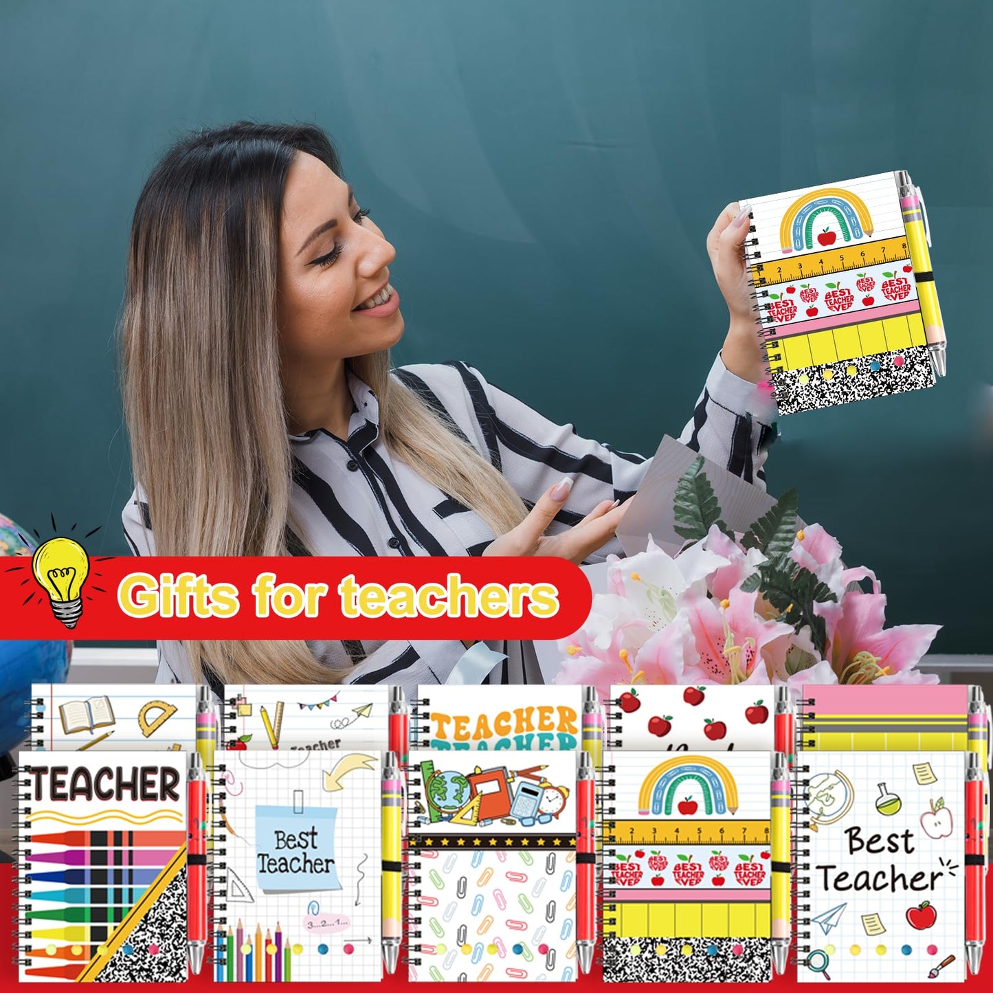 40 Pcs/20 Set Teacher Appreciation Gifts Inspirational Bulk Spiral Notebook Thank You Gift for Teachers from Students Best Teacher Spiral Notebooks with 20 Pens for Office School Teacher's Day