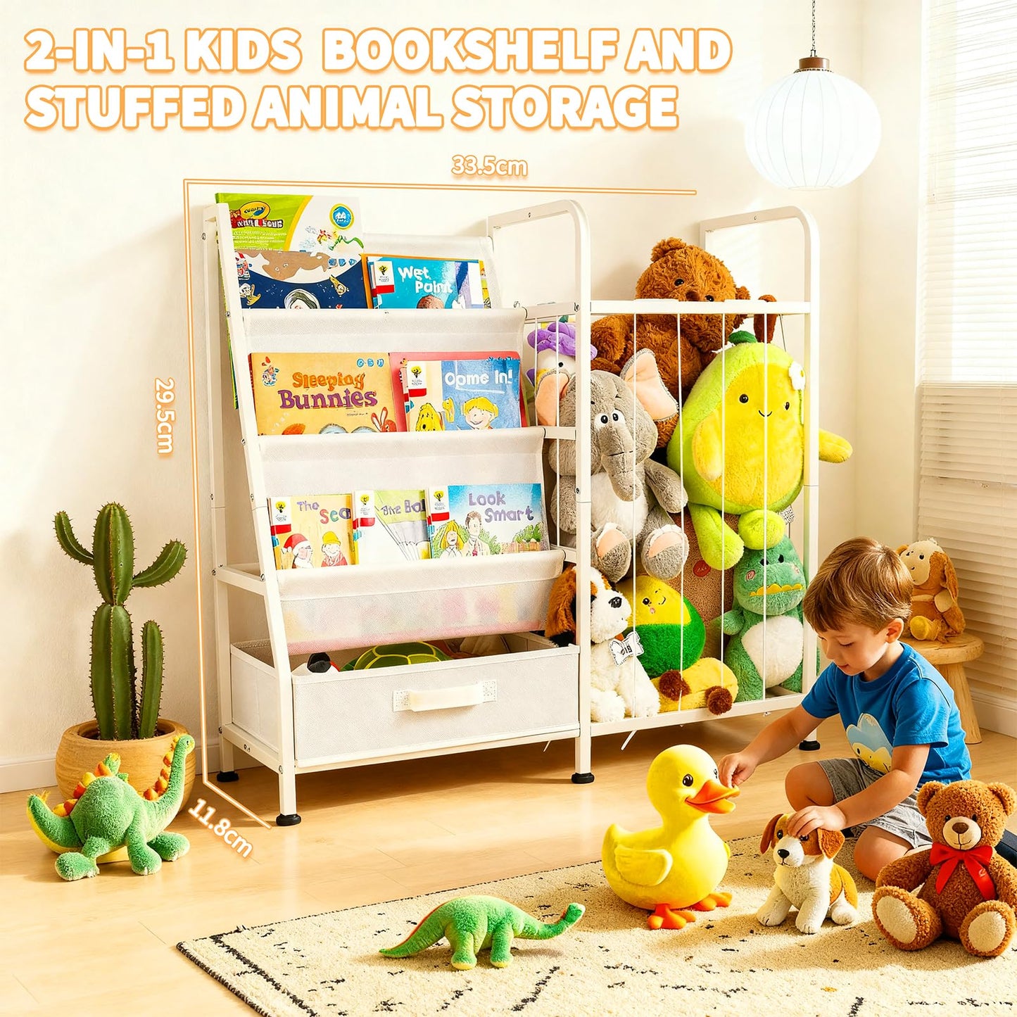 Kids’ Bookshelf & Stuffed Animal Storage – Large White 3-Tier Book Display Rack with Sling Shelves & Fabric Toy Chest | Toy Organizer for Playrooms, Bedrooms, Nurseries