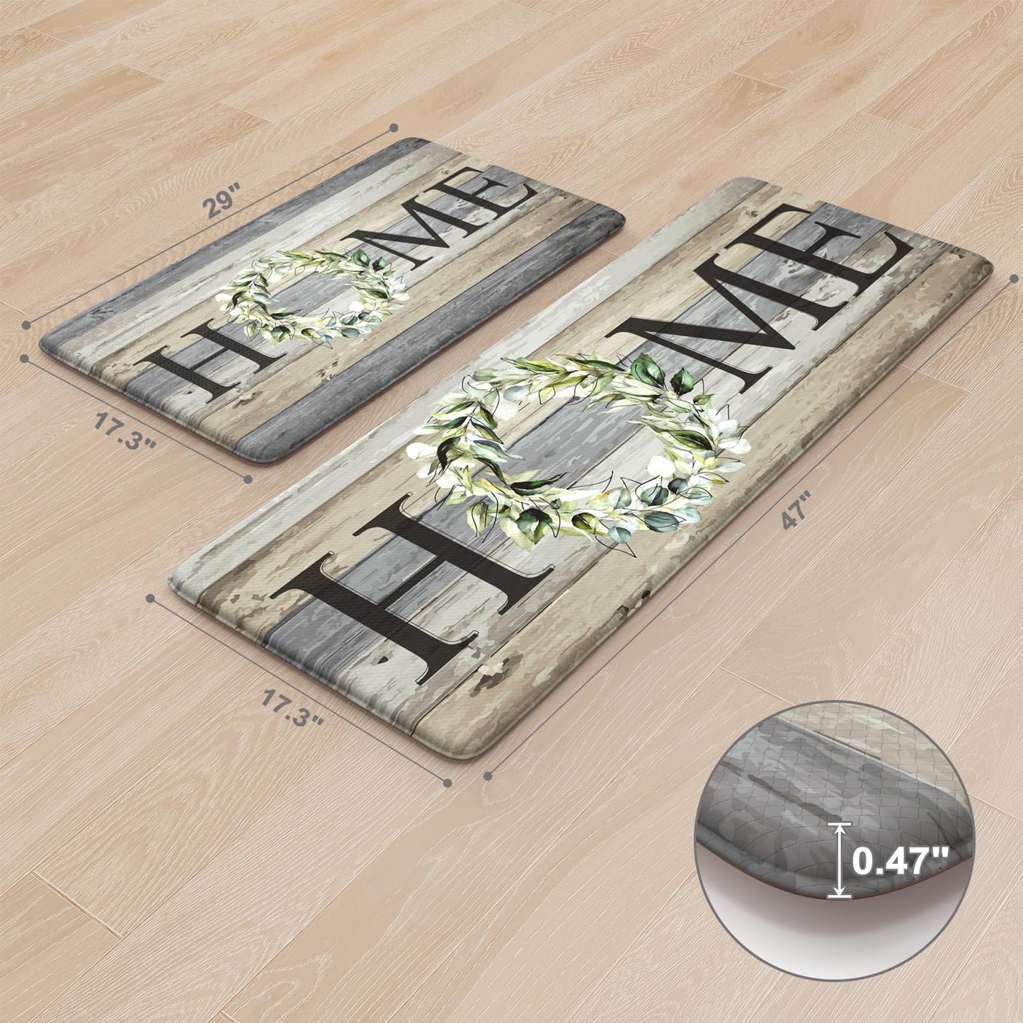 KIMODE Kitchen Mats for Floor 17"x47"+17"x29", Farmhouse Kitchen Rugs Sets of 2, Anti Fatigue Mats for Kitchen Floor, Cushioned Comfort Kitchen Floor Mats for Sink, Laundry, Desk Grey
