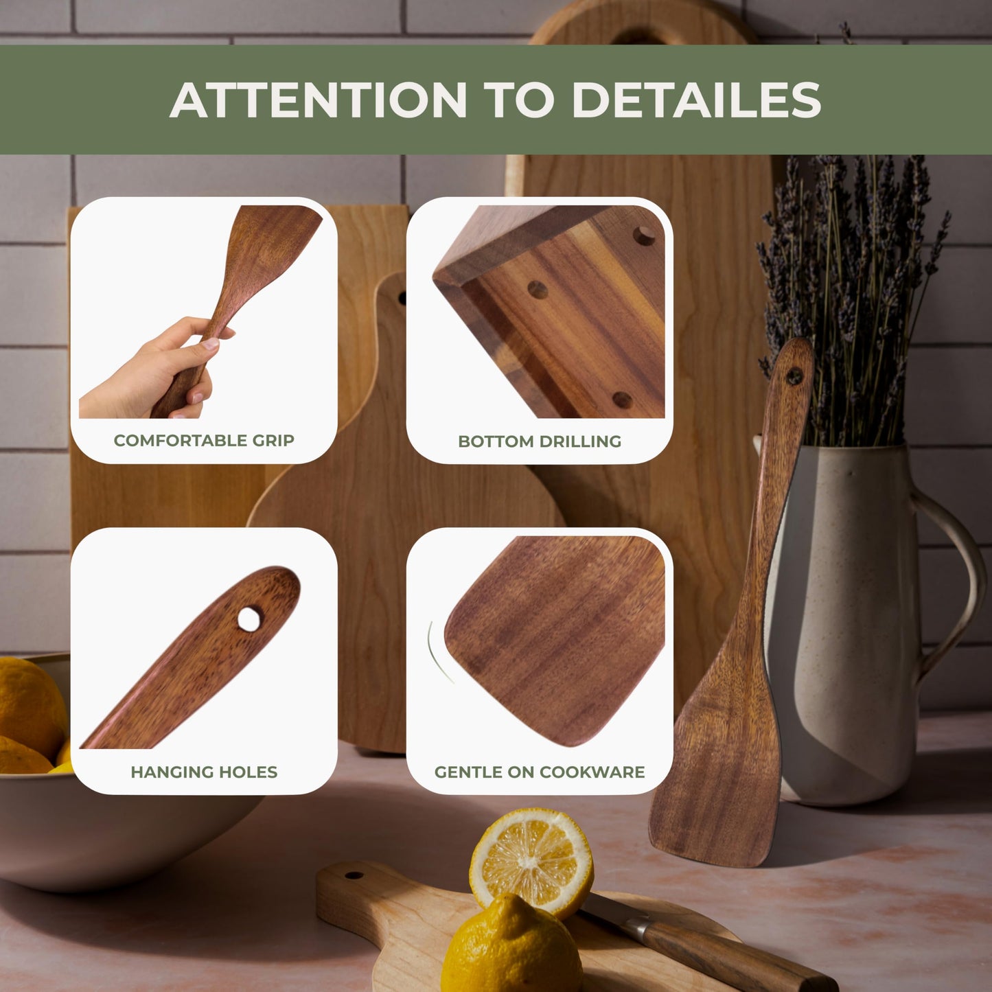 Vasilek Wooden Utensil Set XXL – 13 Piece Acacia Wood Cooking Tools with Square Holder for Nonstick Cookware with Holder & Spoon Rest – Wooden Spoons for Cooking, Spatula, Spurtle