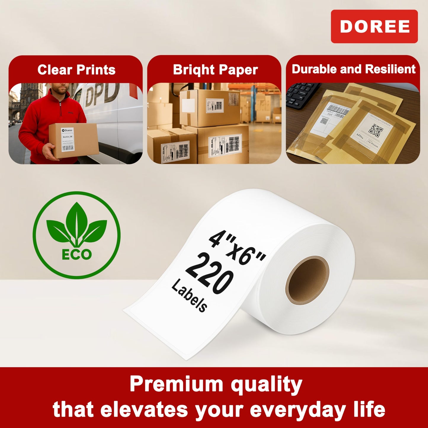 DOREE 4-Roll 4" x 6" Extra-Large Shipping Labels 1744907 with chip, Compatible with Dymo LW 5XL and 4XL Label Printers. (Thermal Shipping Labels, White,4-Rolls Total 880)
