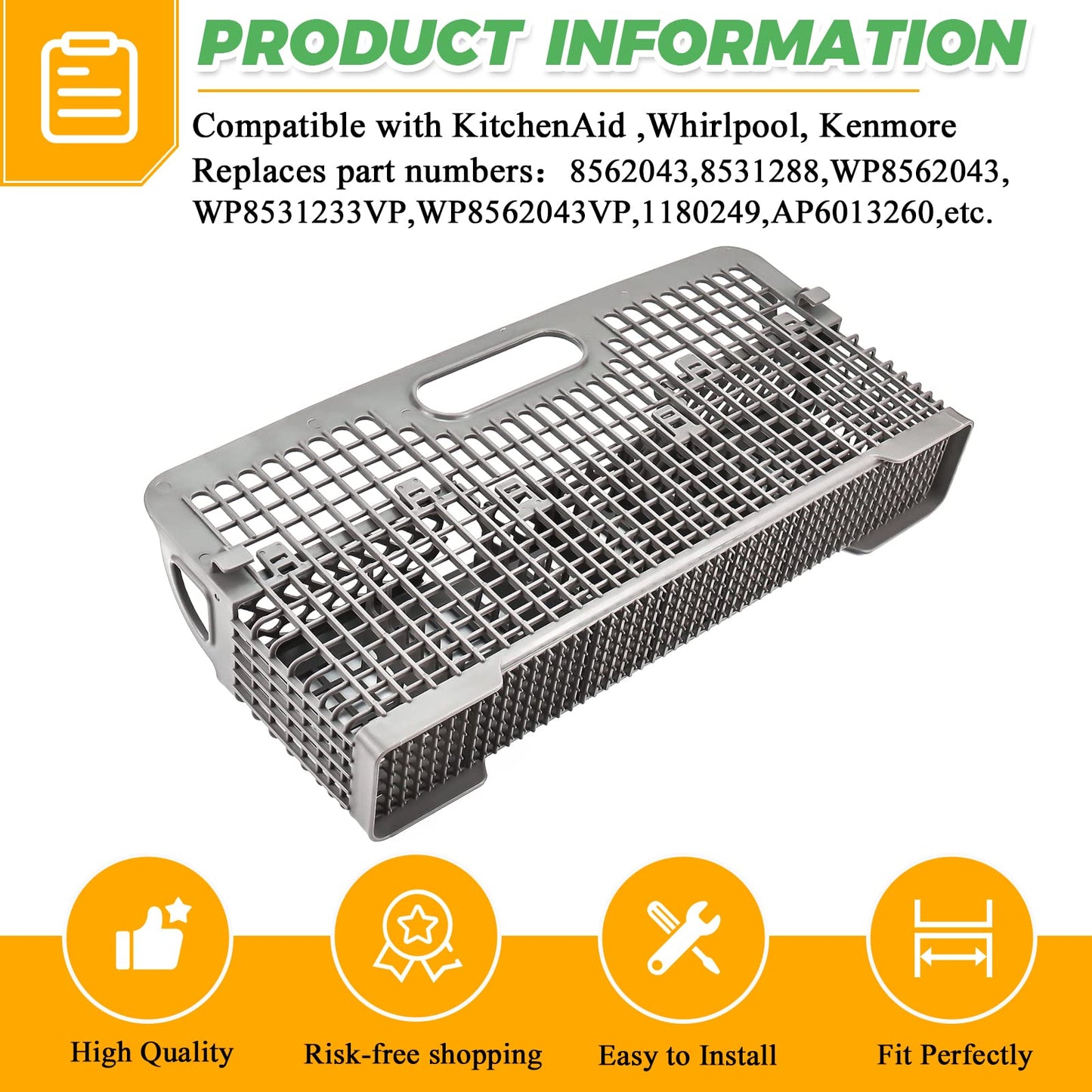 WP8562043 8531233 Universal Dishwasher Silverware Basket Replacement for Whirlpool Kitchenaid Dishwasher Utensil Basket - Replaces Kitchenaid Dishwasher Basket W10190415 8531288 8562043 by Techecook