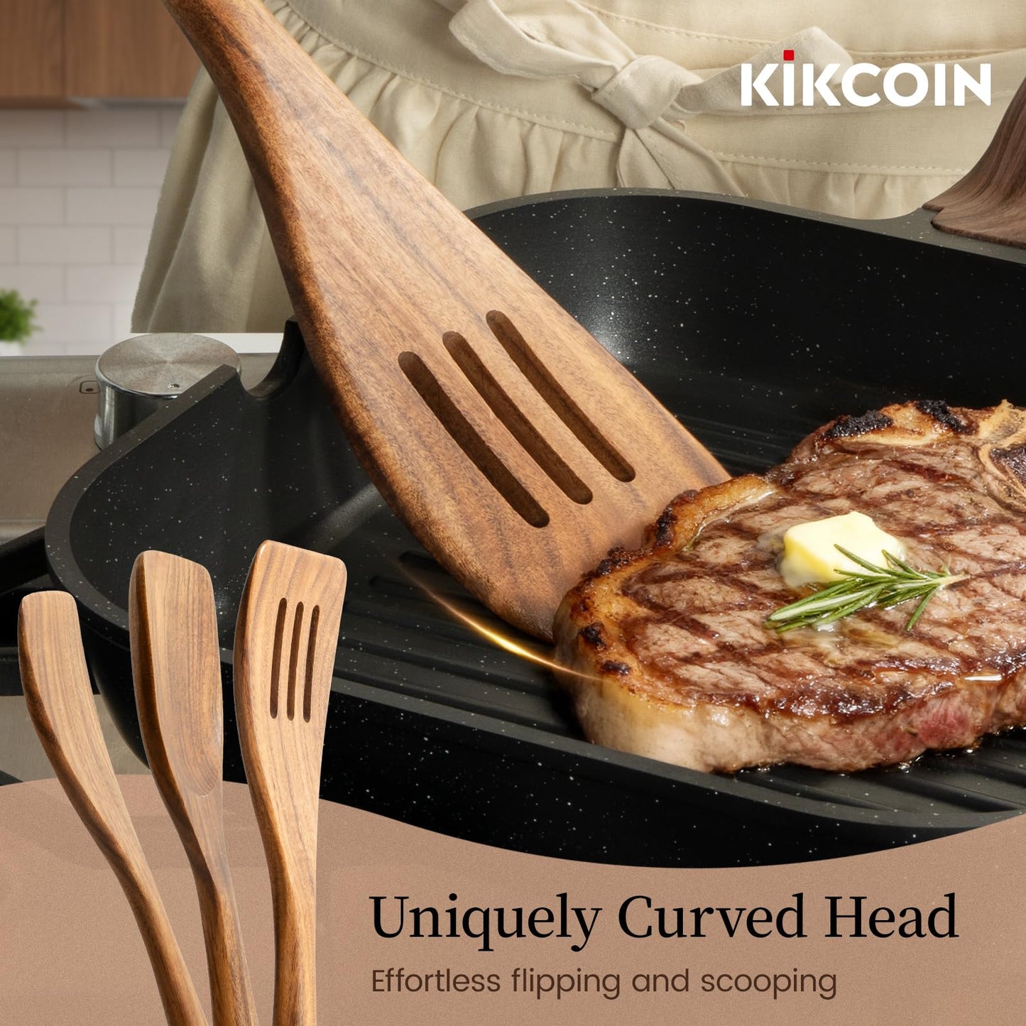 Kikcoin 7 PCS Durable Natural Teak Wooden Cooking Utensils Set, Non Toxic Wooden Spoons for Cooking, Wooden Utensil Set for Cooking with Comfort Grip, Nonstick & Easy to Clean Wood Kitchen Utensil Set