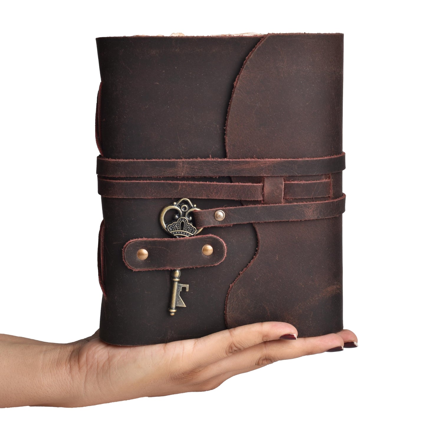 LEATHER VILLAGE Vintage Leather Journal – 200 Handmade Vintage Deckle Edge Paper – Leather bound Journal For Women Men – Vintage Key Closure - Book of Shadows - Chocolate Brown - 10X7 inches