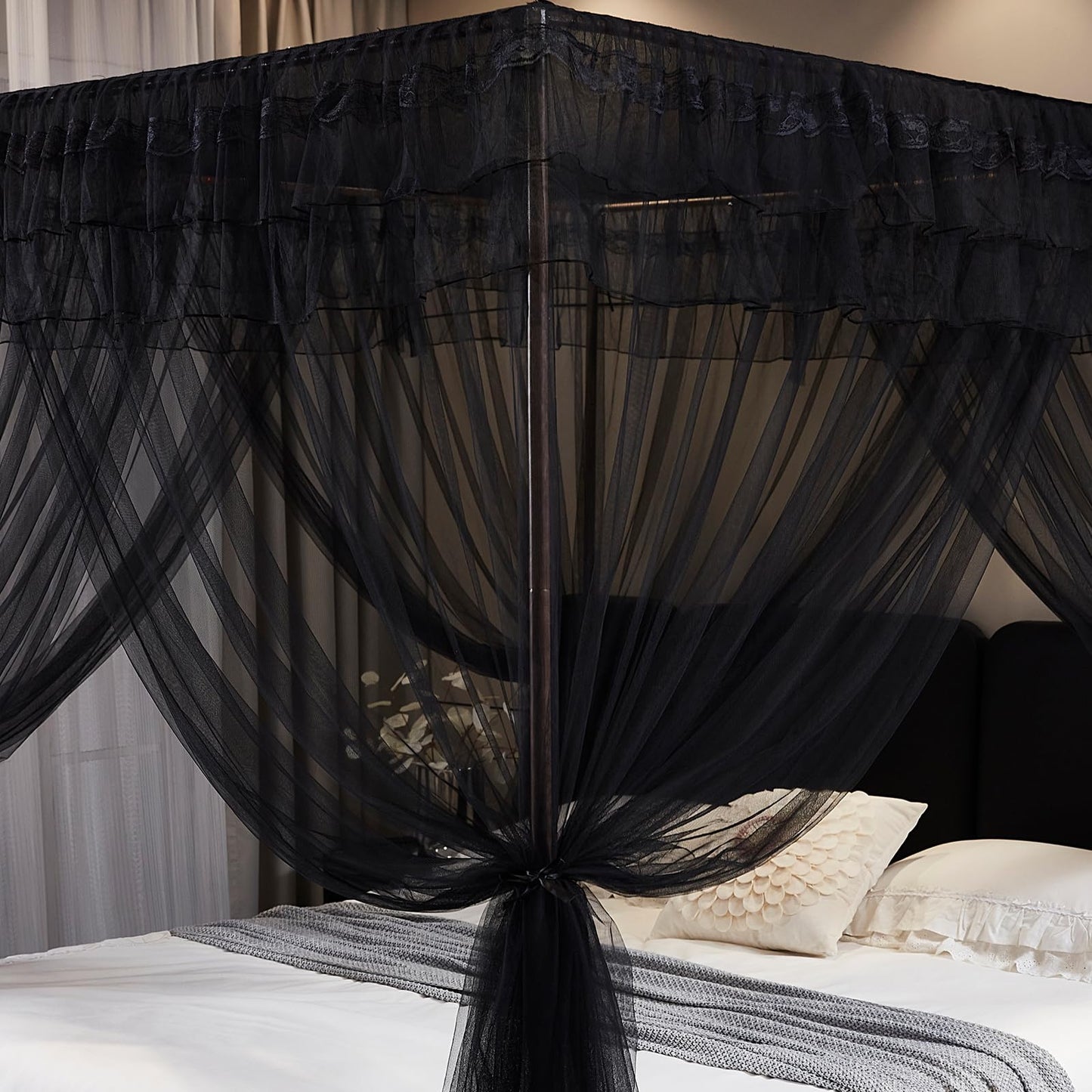 Kertnic Black Canopy Bed Curtains for Girls & Adults, Queen King Bed Canopy Drapes Netting, Practical Mosquito Net for Bed (Queen-64 W*78" L*82"*H)