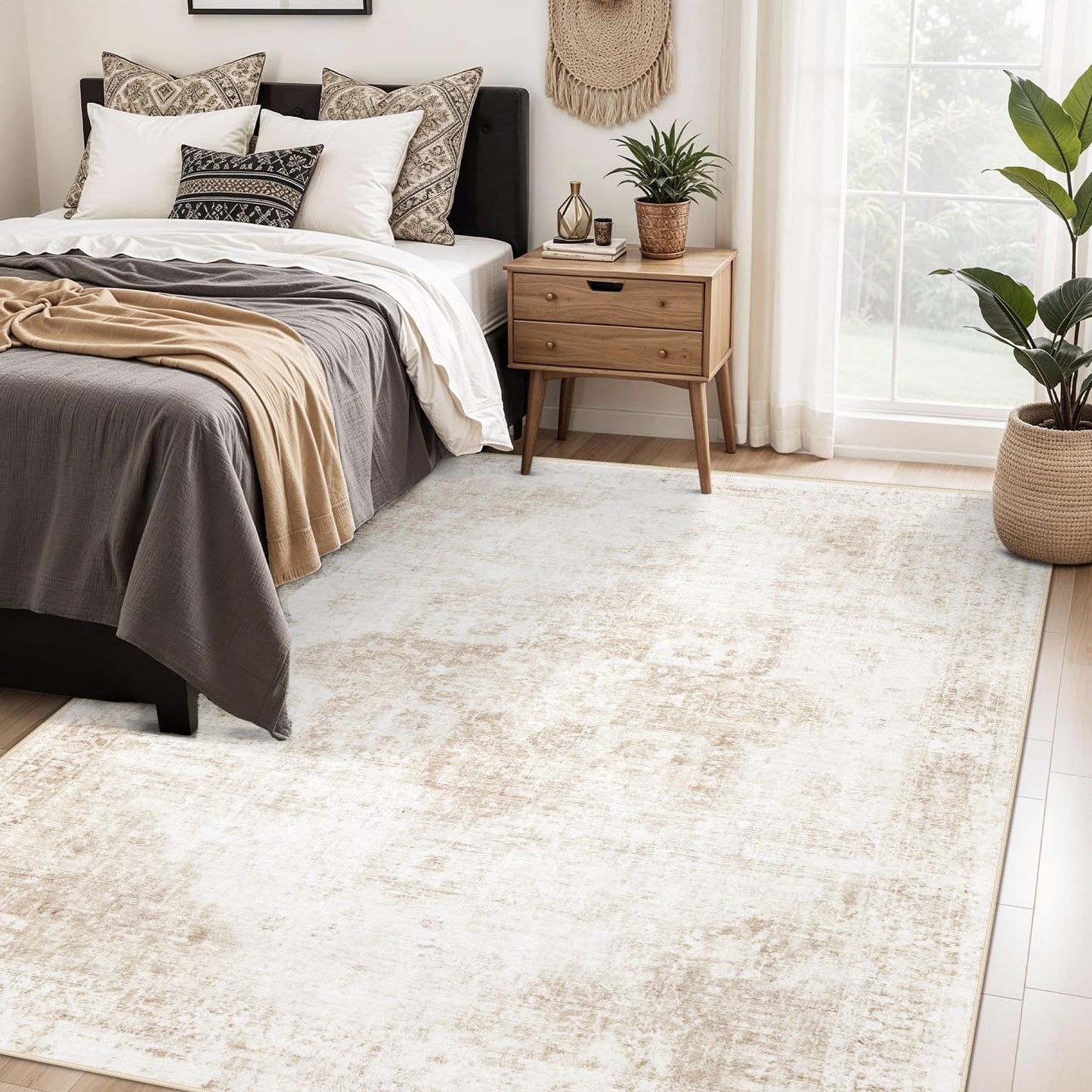 VECARF Area Rug 5x7 Washable Rug, Vintage Boho Medallion Rugs Non-Slip Soft Low Pile Large Distressed Rug Indoor Retro Carpet for Living Room Bedroom Dining Room Home Office (Beige, 5'x7')