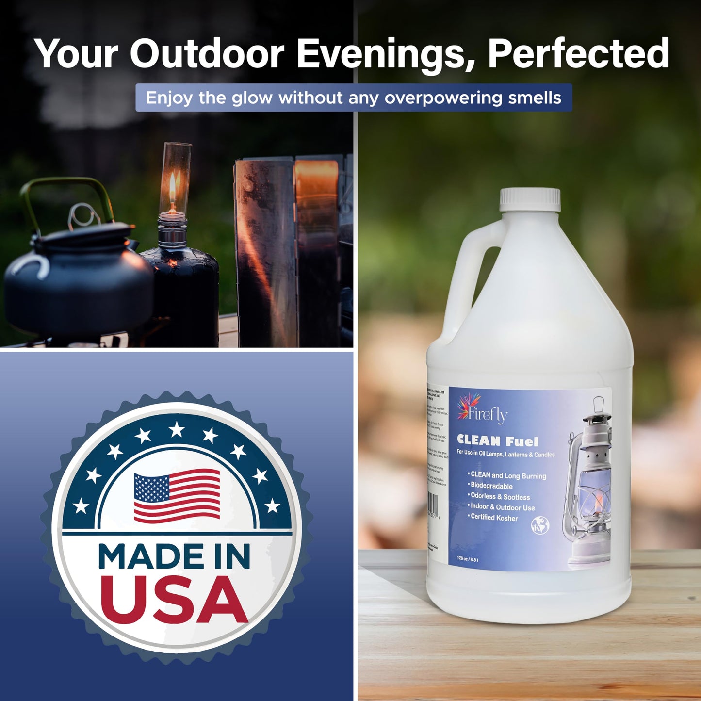 Firefly Fuel Clean Fuel Lamp Oil - Smokeless, Virtually Odorless, and - Long-Lasting Burn Time for Indoor & Outdoor Lamps - 1 Gallon - Made in USA