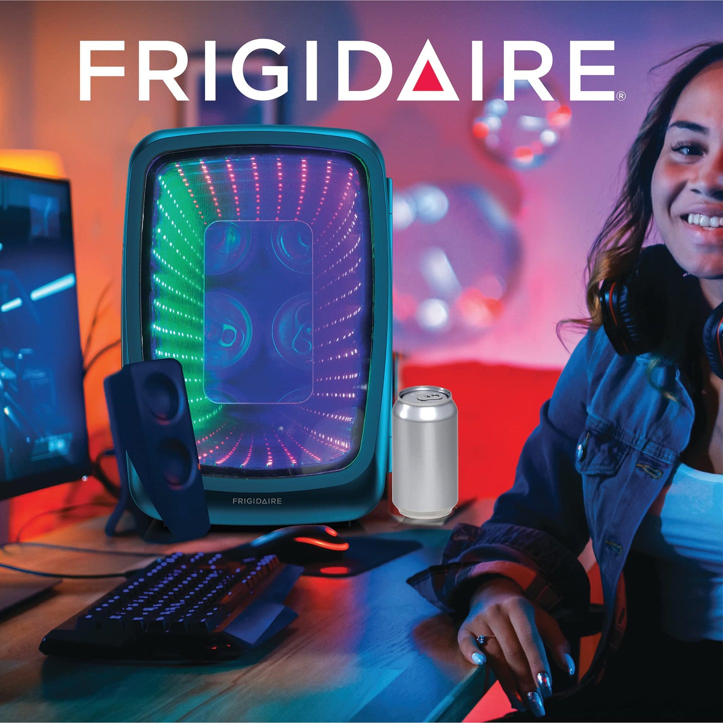 Frigidaire Gaming Light Up Mini Beverage Refrigerator, 6 can, 4 liters, Cooler with large see through door and LED lights Perfect for Gaming Experience, Home, Office, or Cars.12V Charger (Blue)