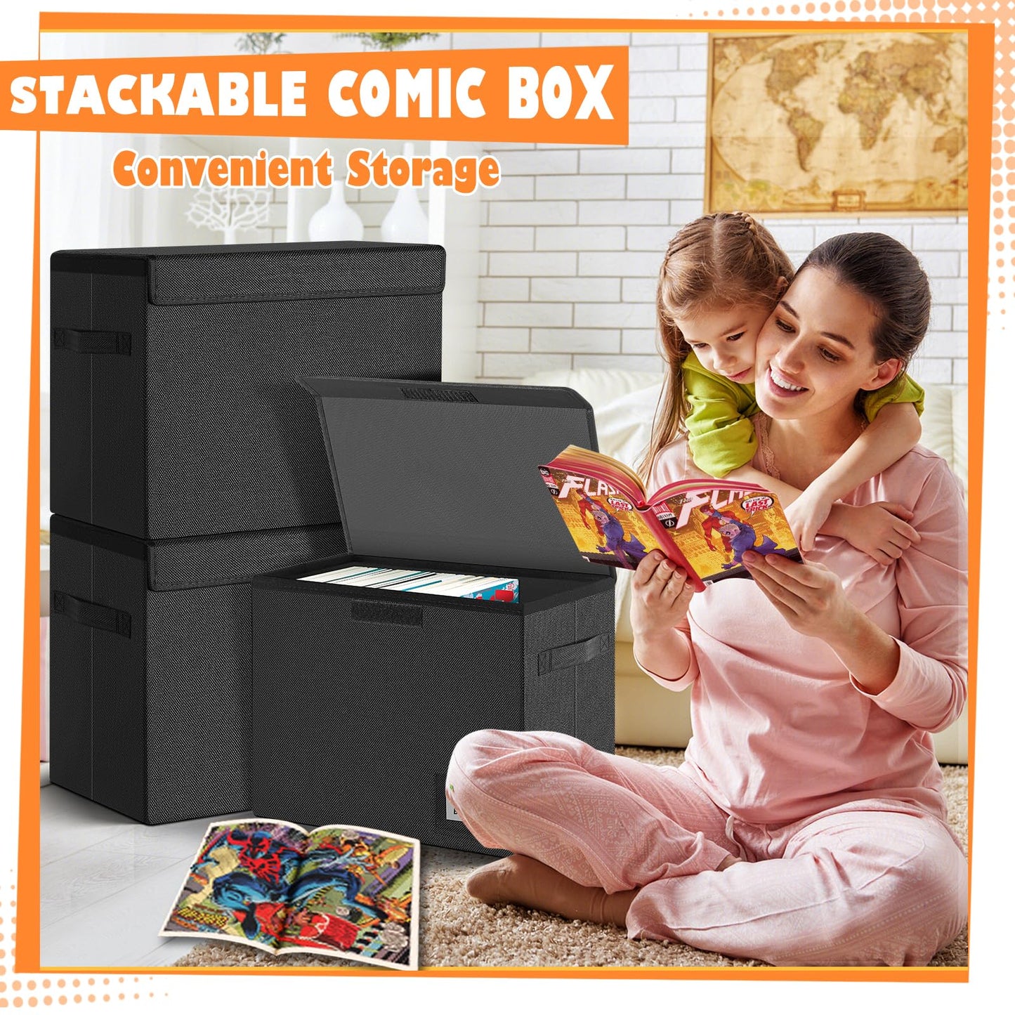 Leffis 6 Pack Comic Book Storage, Collapsible and Stackable Comic Short Box, Moistureproof Comic Box with Lid and Label Slot 15.5" X 7.5" X 11.3" Holds 150 Comics
