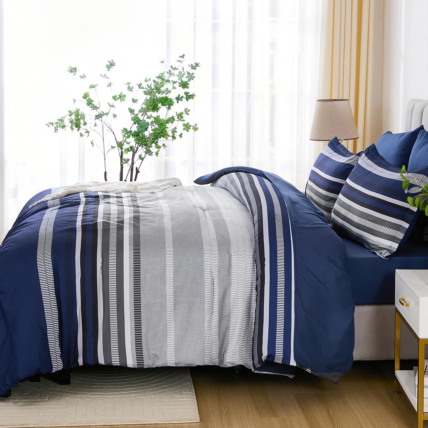 Dobuyly Navy Blue Queen Comforter Set 7 Pieces, Boho Striped Bed in a Bag Queen Size Soft Microfiber All Season Bedding Set with Comforter, Sheets, Pillowcases & Shams