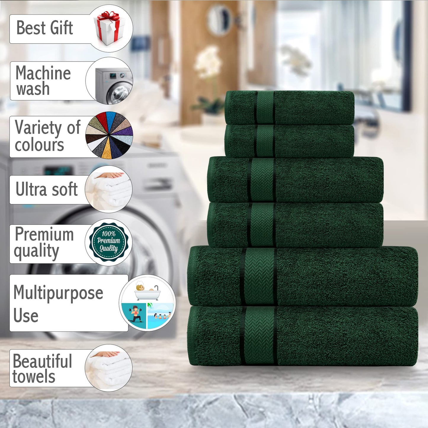 CRAFTBERRY Luxury Bath Towels Set -100% Cotton- 2 Bath, 2 Hand & 2 Washcloths- Large, Thick, Fluffy, Absorbent, Quick Dry, Soft & Plush - 6 Piece Luxury Bathroom Towels - Dark Green/Forest Green