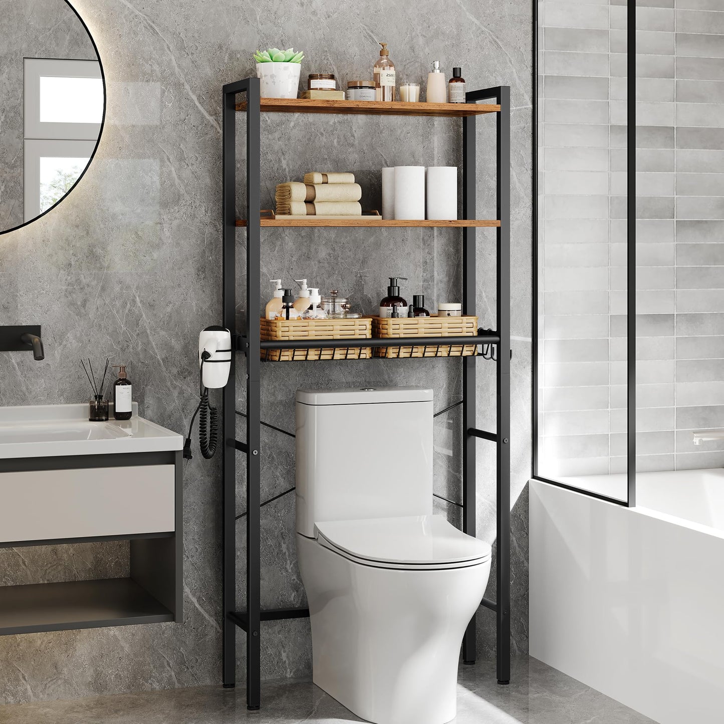 VASAGLE BARNET Collection - Over the Toilet Storage, Over Toilet Bathroom Organizer with Adjustable Shelves and Basket, 3 Hooks, Space Saving, 9.4 x 23.6 x 63 Inches, Rustic Brown UBTS113KD01S
