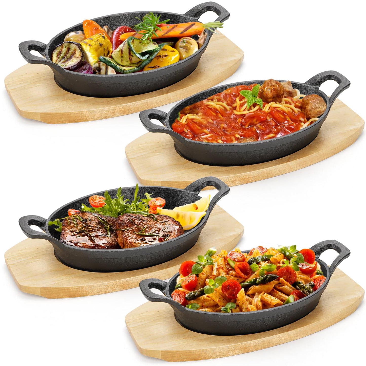 Mezchi 4 Pack Mini Cast Iron Fajita Skillet Set, 8.5 x 6.1 Inch Sizzling Plate with Wooden Base, Small Oval Casserole Dishes, Cast Iron Pizza Baking Steak Pan for Stove, Oven, Grill