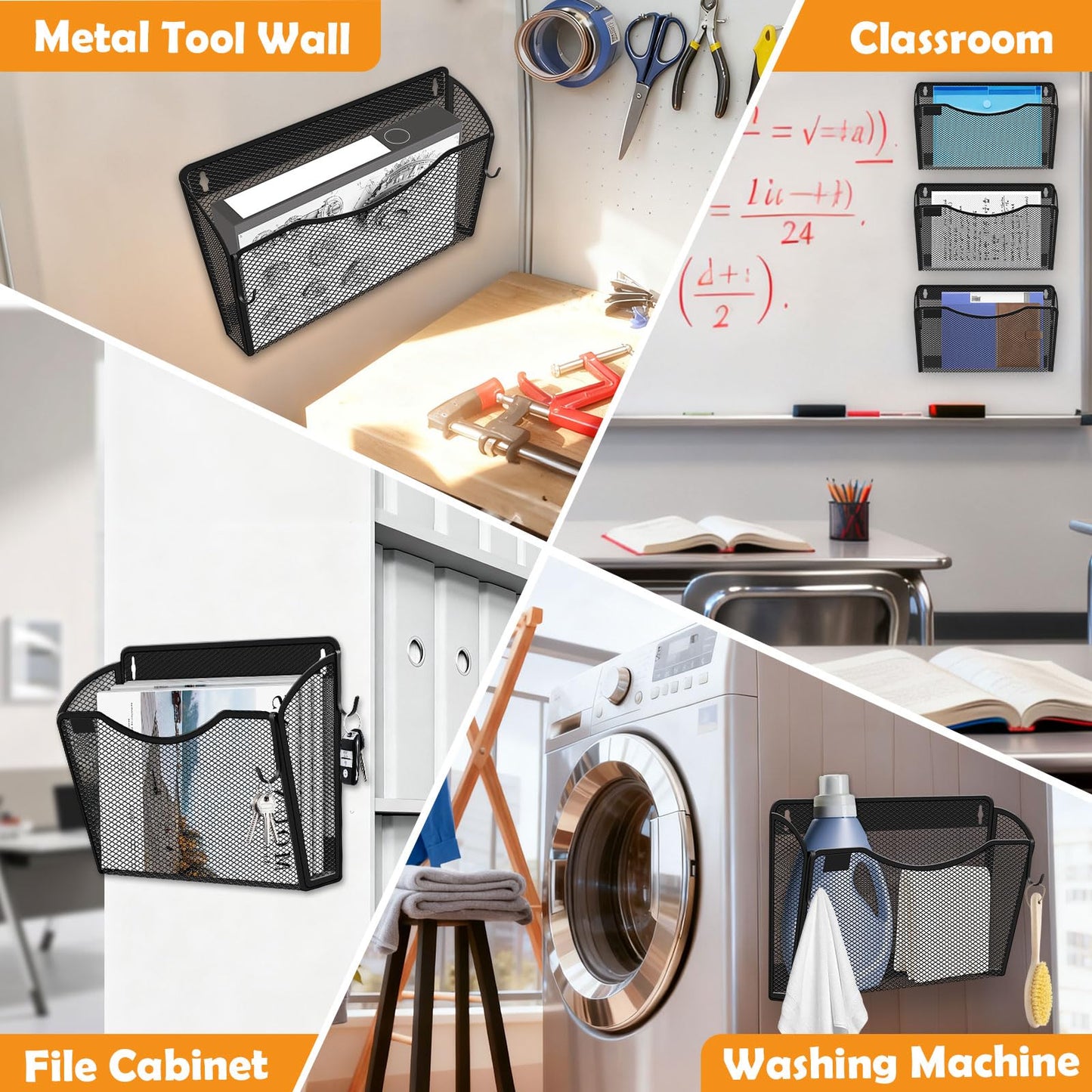 Magnetic File Holder, 3PCS Wall Hanging File Paper Mail Organizer with Removable Hooks, No Drilling Magazine Document Holder for Whiteboard, Refrigerator, File Cabinets, Washing Machine, Office,Black