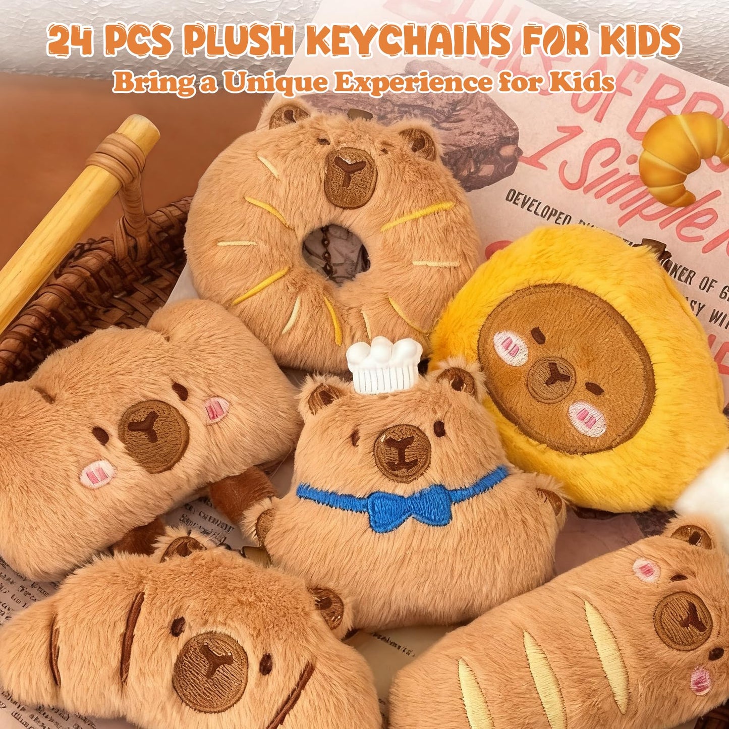 WYZOID 24 PCs Kids Keychains, Capybara Plush Keychains, Funny Plush Backpack Charms, Perfect for Birthday Gifts, Back-to-School Goodie Bags, Classroom Prizes, Party Favors
