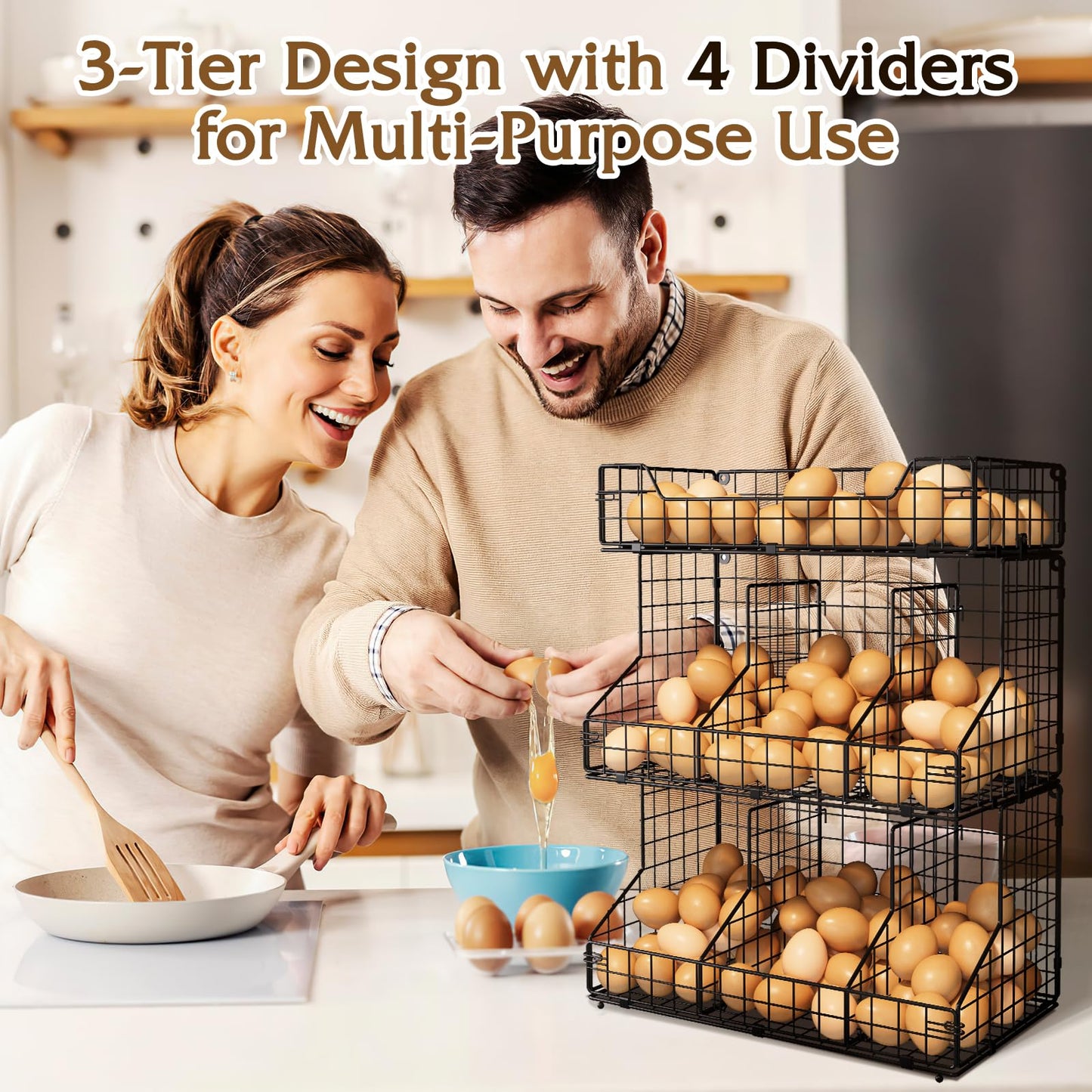 X-cosrack Egg Holder Countertop, 3 Tier Egg Rack with Labels Dividers to Separate Eggs, Stackable Wire Baskets for Fresh Egg, XXL Egg Dispenser for Countertop/Wall-Mounted (Patent Pending)