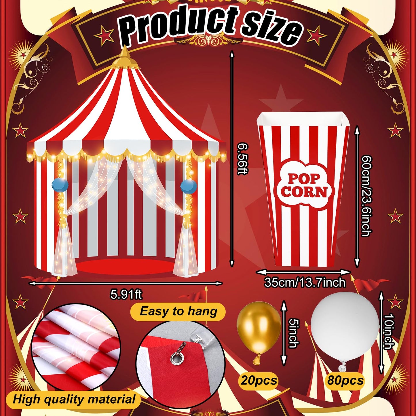 Novabright 103 Pcs Carnival Circus Party Decorations Set Includes Red White Circus Tent Backdrop Popcorn Boxes 100 DIY Popcorn Balloon Kit Carnival Theme Photo Background Birthday Party Decor
