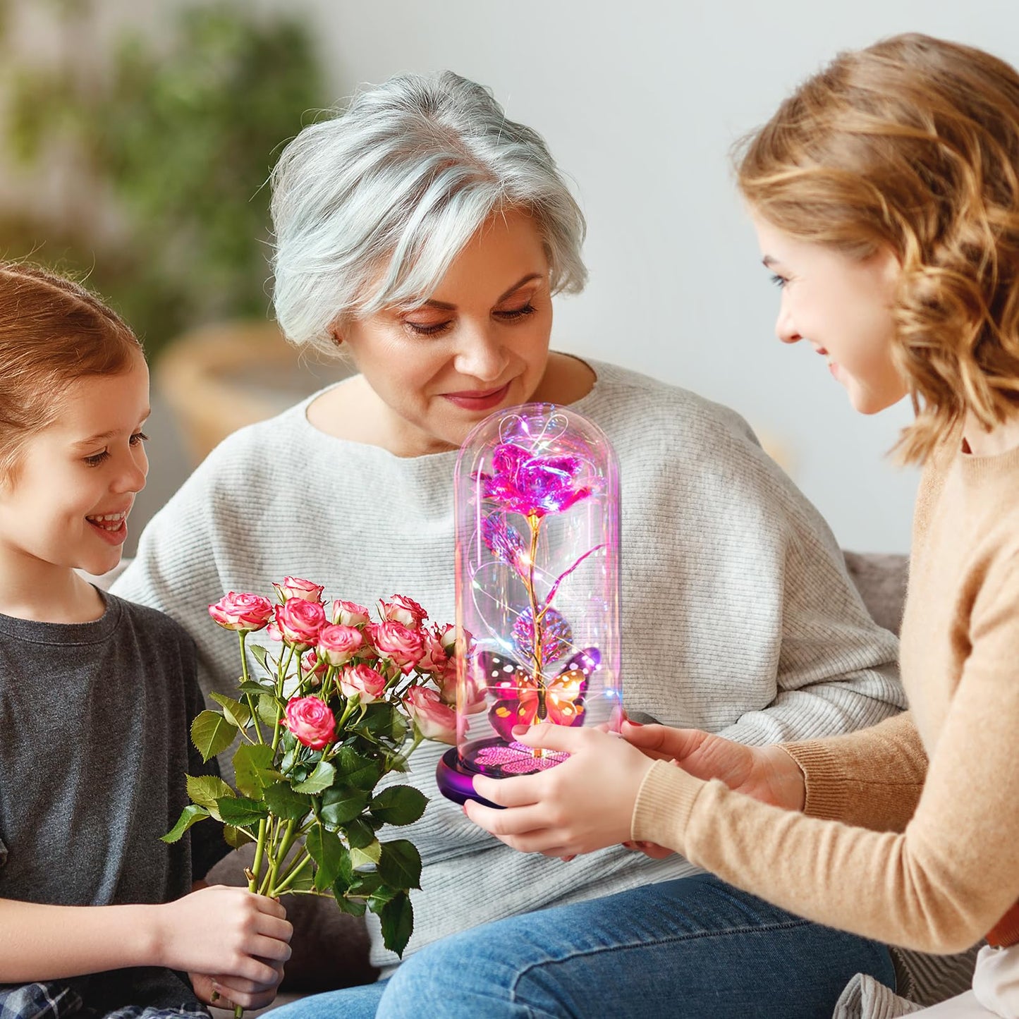 Mothers Day Mom Gifts for Mom Women Birthday Gift Galaxy Glass Rose in Glass Dome Forever Eternal Crystal Flowers with Butterfly Mother's Day Flowers Gifts for Women Wife Grandma Daughter Sister Pink