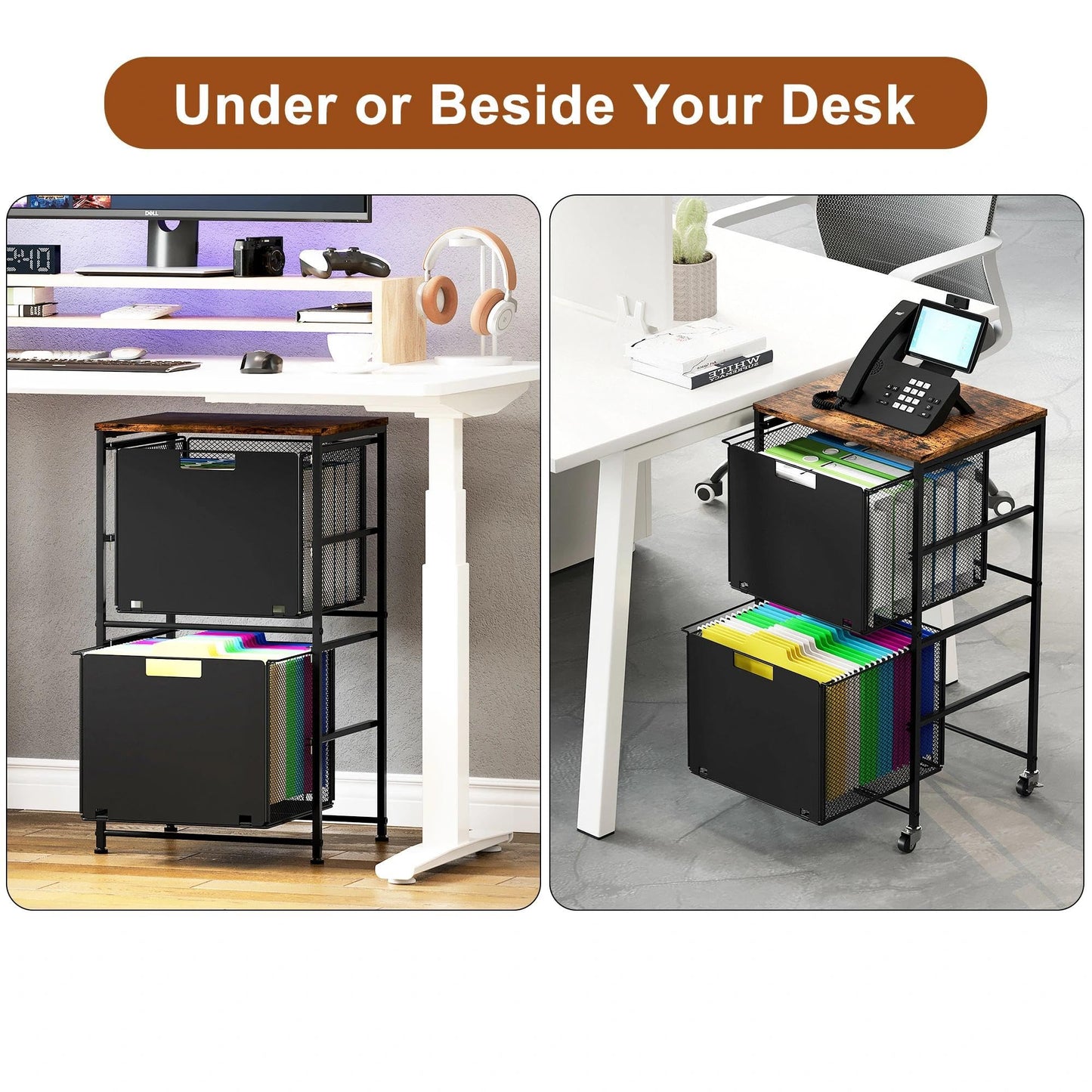 EasyPAG Rolling Storage Cart with 2 Drawers, Under Desk File Cabinet on Lockable Wheels, Movable Letter Size Hanging File Folder Organizer with Wooden Printer Stand for Home Office, Black