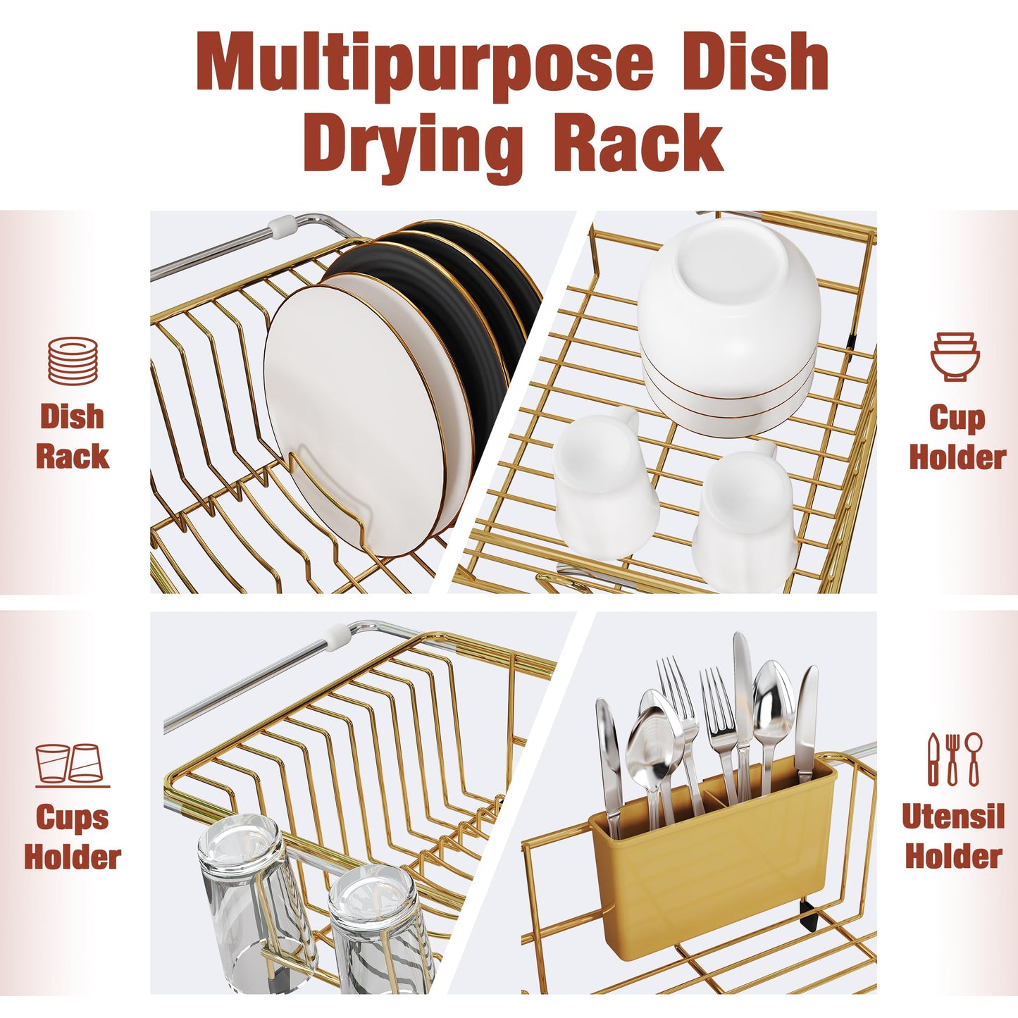 JASIWAY Gold in Sink Dish Drying Rack, Expandable Stainless Steel Small Dish Rack Over Kitchen Sink, Plate Drainer Strainer with Utensil Holder & Cup Holders, Counter Space Saving Wire Dryer Rack