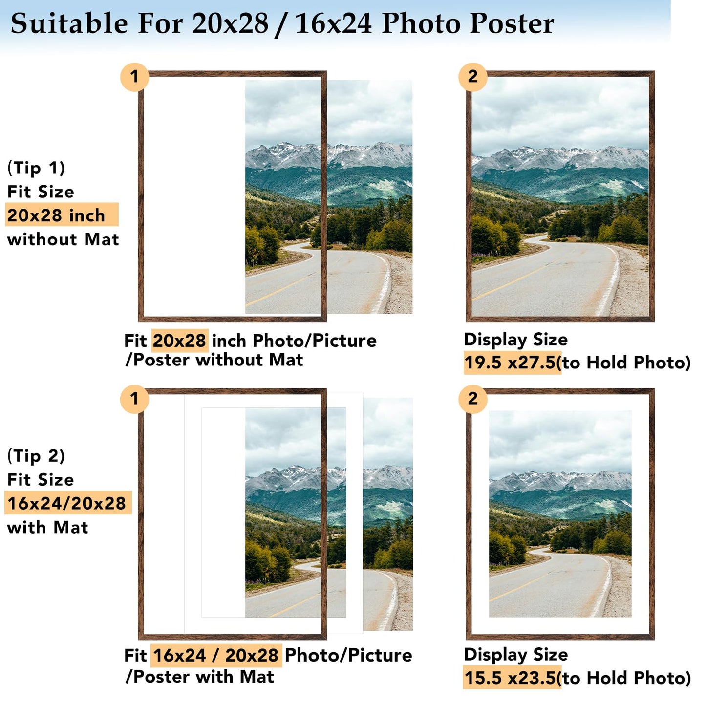 QOTIB Wood 20x28 Picture Frame with 16x24 Mat, Display 16x24 with Mat or 20x28 Without Mat, Wood 20 by 28 Photo Frame, 20 x 28 Frame for Wall Hanging Display, Deep Brown