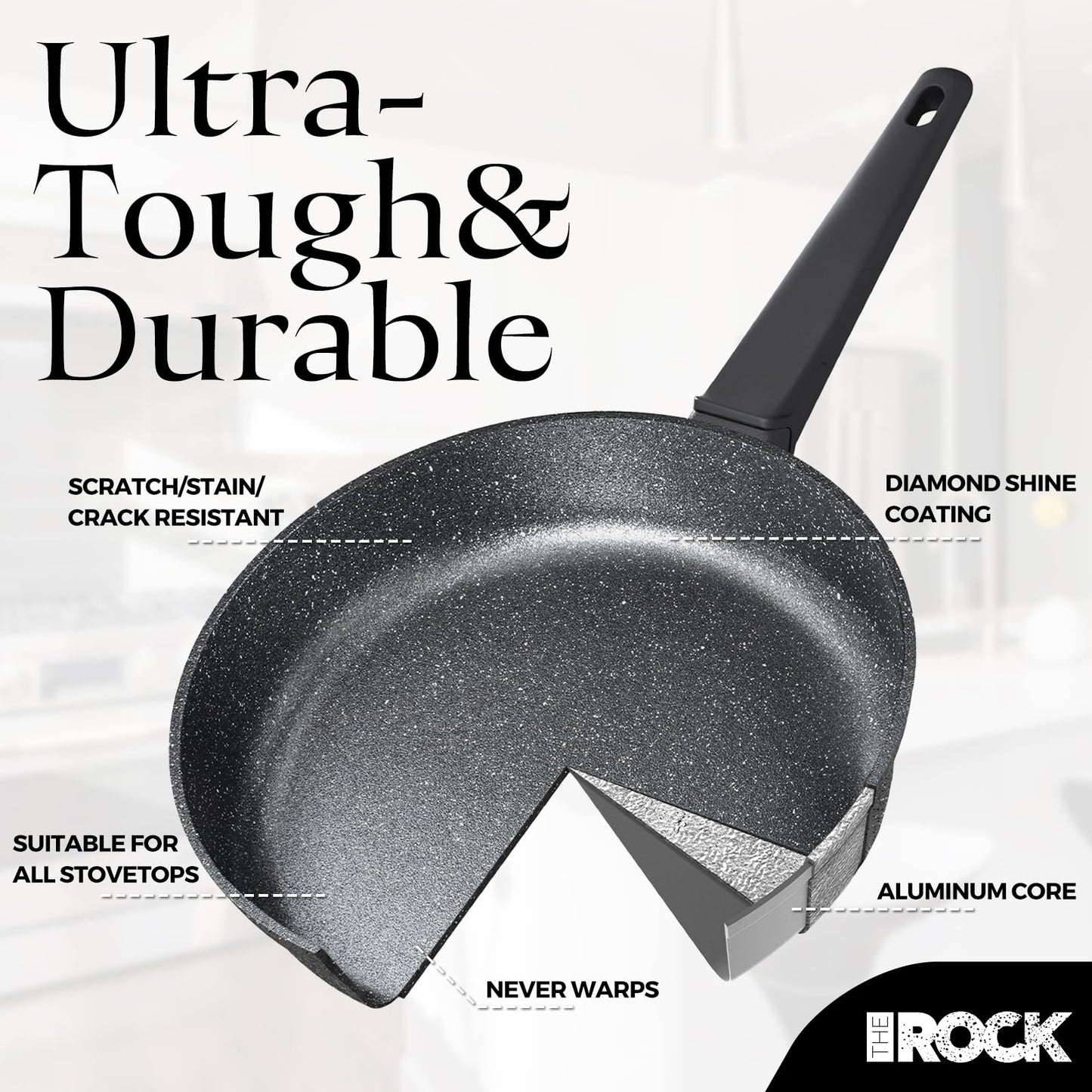 THE ROCK SOHO 12.5-Inch Non Stick Frying Pan with Lid – Nothing Sticks, Never Warps, Lasts Longer, Healthy Skillet with Heat-Resistant Handle, PFOA Free, Dishwasher Safe, Black