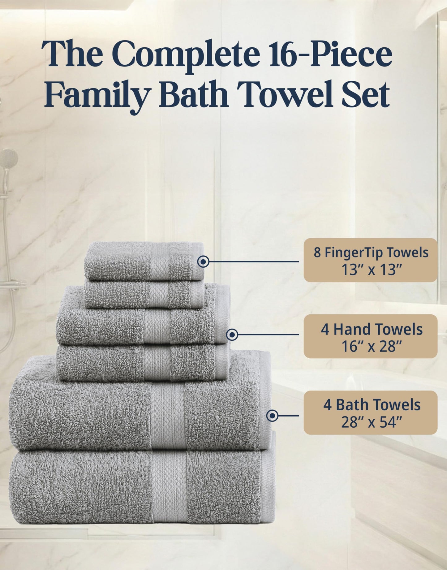 LANE LINEN 100% Cotton Turkish Towel Set for Bathroom - 16 Piece - Super Soft, Quick Dry & Highly Absorbent - 4 Bath, 8 Wash cloths, 4 Hand Towels - Hotel Quality, Durable & OEKO-TEX Certified - Grey