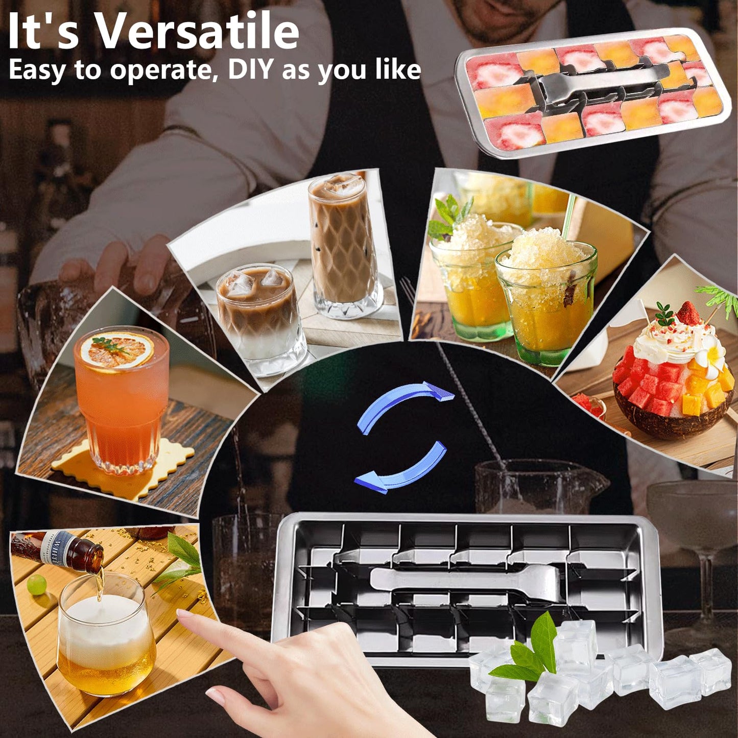 GHAHILI Stainless Steel Ice Cube Trays, Metal Ice Cube Trays for Freezer Vintage Inspired Design with Release Lever Remove Handle for Making Large Cubes Kitchen & Bar (1pcs)