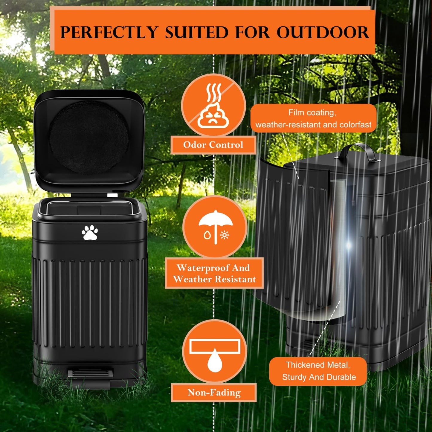 Kopuncare Dog Poop Trash Can Outside, 5L/1.3Gal Metal Dog Waste Trash Can with Lid, Foot Pedal, Pet Waste Container with 40 Bags, Poop Bucket with Lid Soft Close for Pet, Black