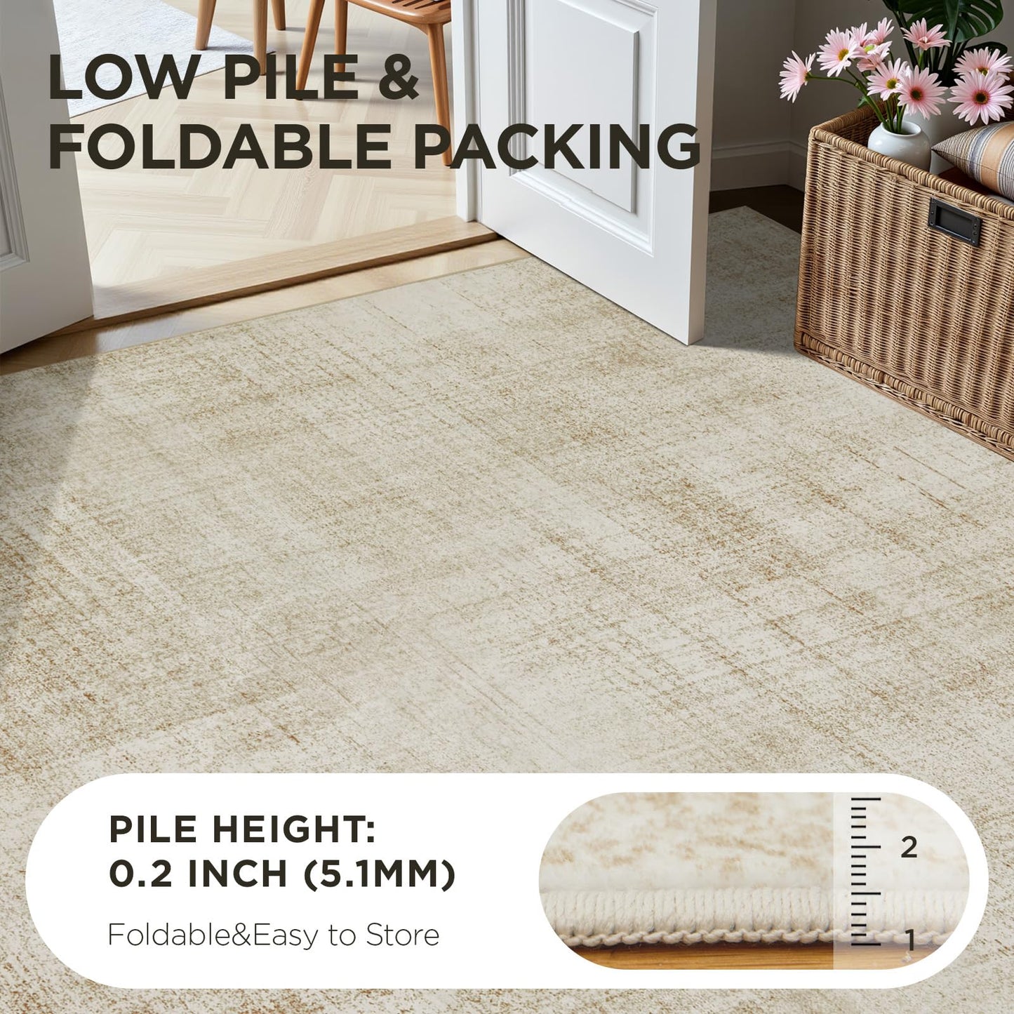 Joydeco 5x7 Area Rugs for Living Room, Machine Washable Vintage Area Rugs, Low Pile Non Slip Carpet, Lightweight Chenille Print Rug for Bedroom, Dining Room, Home Office, Beige