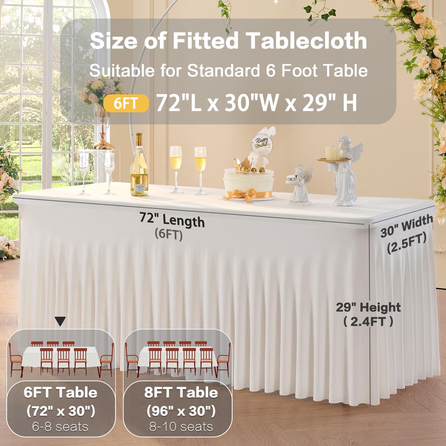 2 Pack Spandex Ivory Table Clothes for 6 Foot Rectangle Tables, 6FT Stretchy Tablecloths Fitted Table Cover Desk Skirt for Parties Weddings Birthday Banquet Baby Shower