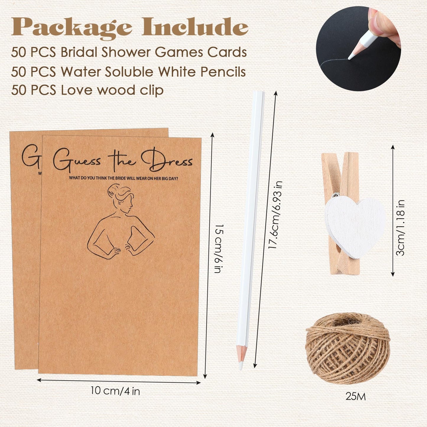 Sinload 50 Sets Guess the Dress Bridal Shower Games for Guests Wedding Shower Games Cards Water Soluble Pencils with Fun Heart Wooden Clip and 1 String Rope Wedding Party Supplies Games Ideas