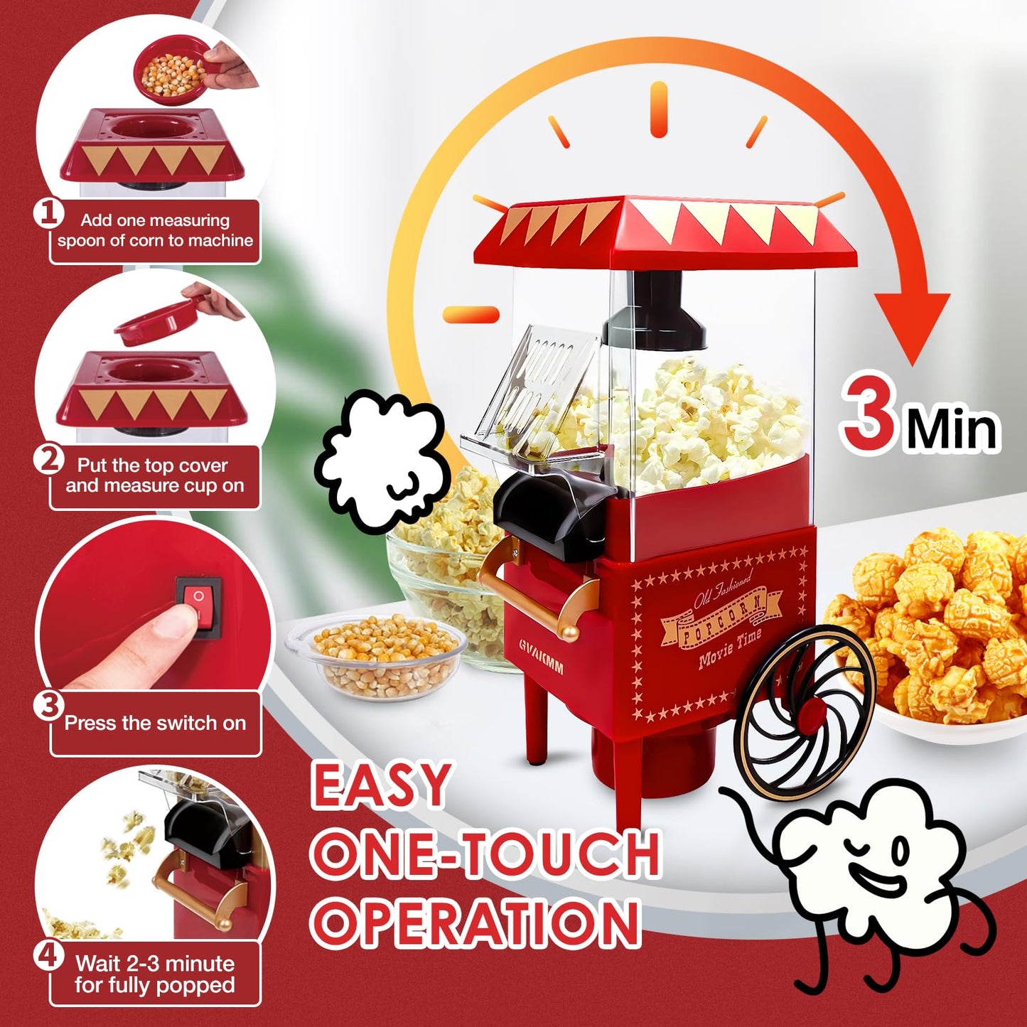 GVAKMM Popcorn Machine, Hot Air Popcorn Maker Kit Gift Box, Portable Home Popcorn Popper Machine, 10-Cup,Oil-Free,Retro Style,Compact and Cute