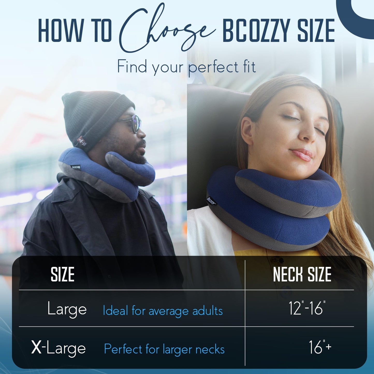 BCOZZY Travel Neck Pillow for Airplane– Patented Double Support for Head, Neck, and Chin. Best for Long Flights, Plane Sleeping, and Car Rides. Adjustable Size. Fully Washable. Carry Bag. Large, Nude
