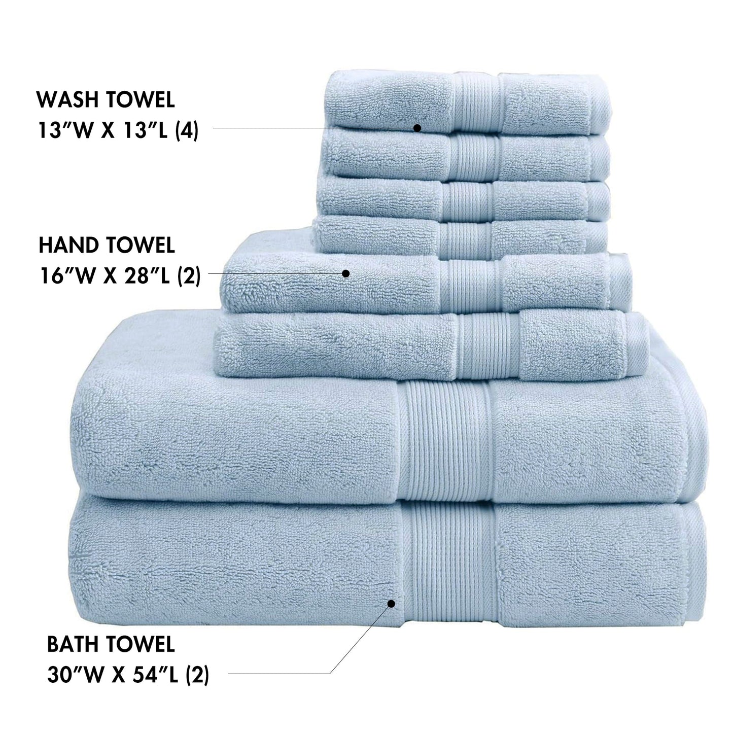 Madison Park 800GSM Bathroom Towel Set of 8 100% Cotton Bath Towel Set for Bathroom Luxurious Highly Absorbent 2 Bath Towels 2 Hand Towels 4 Washcloths Quick Dry Spa Quality Light Blue
