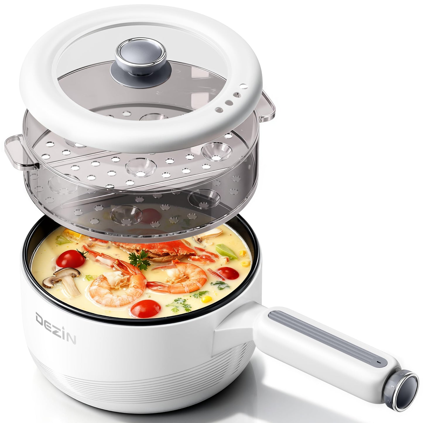 Dezin Electric pot with Steamer, 2L Non-Stick Sauté Pan, 5-in-1 Multifunctional Hot Pot Electric for Steak, Fried Rice, Oatmeal, Soup, Dual Power Control, Portable Pot for Dorm, Office & Small Kitchen