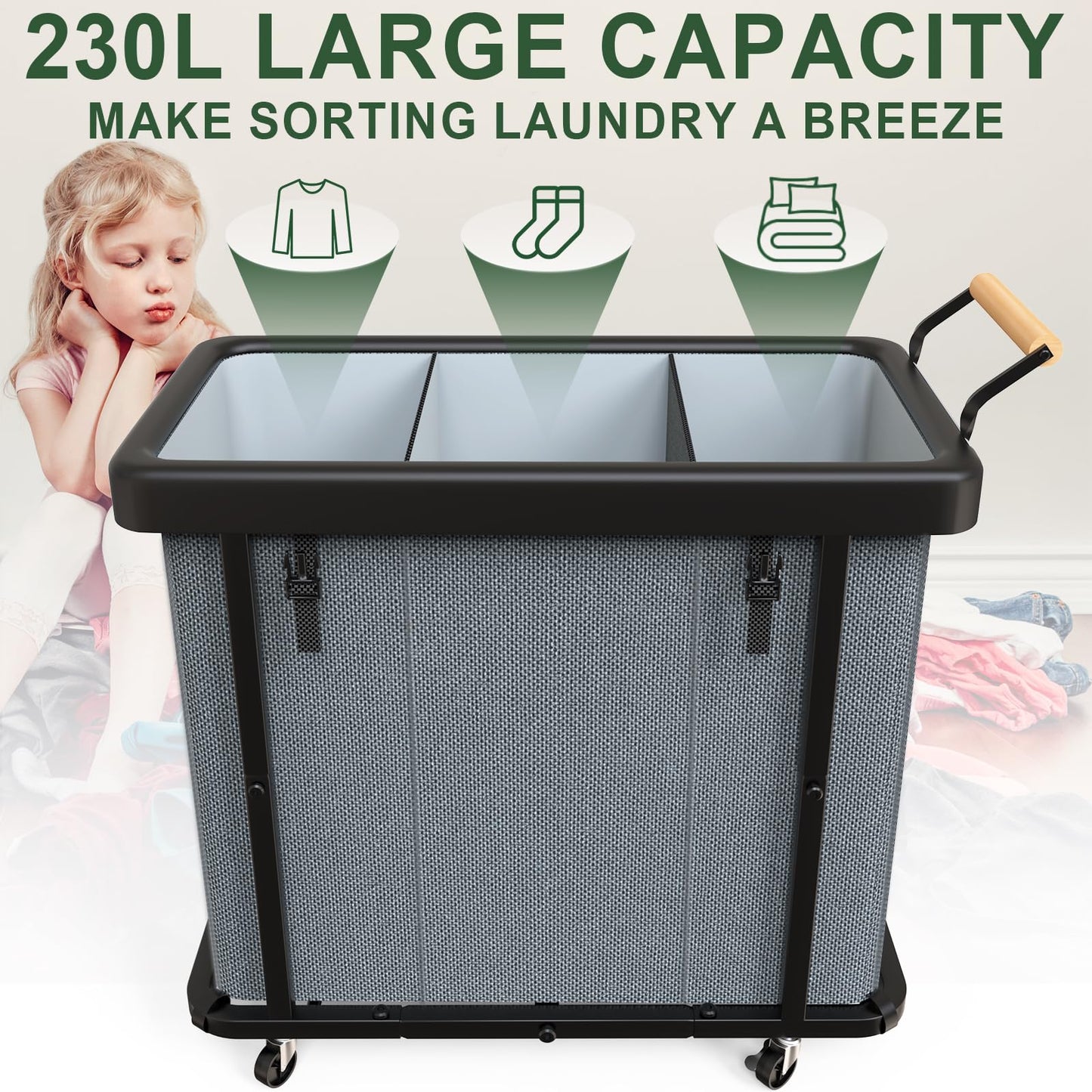 230L (60 Gal) Extra Large Fashion Laundry Sorter 3 Section with Lid, Rolling Laundry Basket Hamper with Handle, Laundry Organizer Storage Cart with Sturdy Metal Frame for Laundry Room, Hotel, Grey