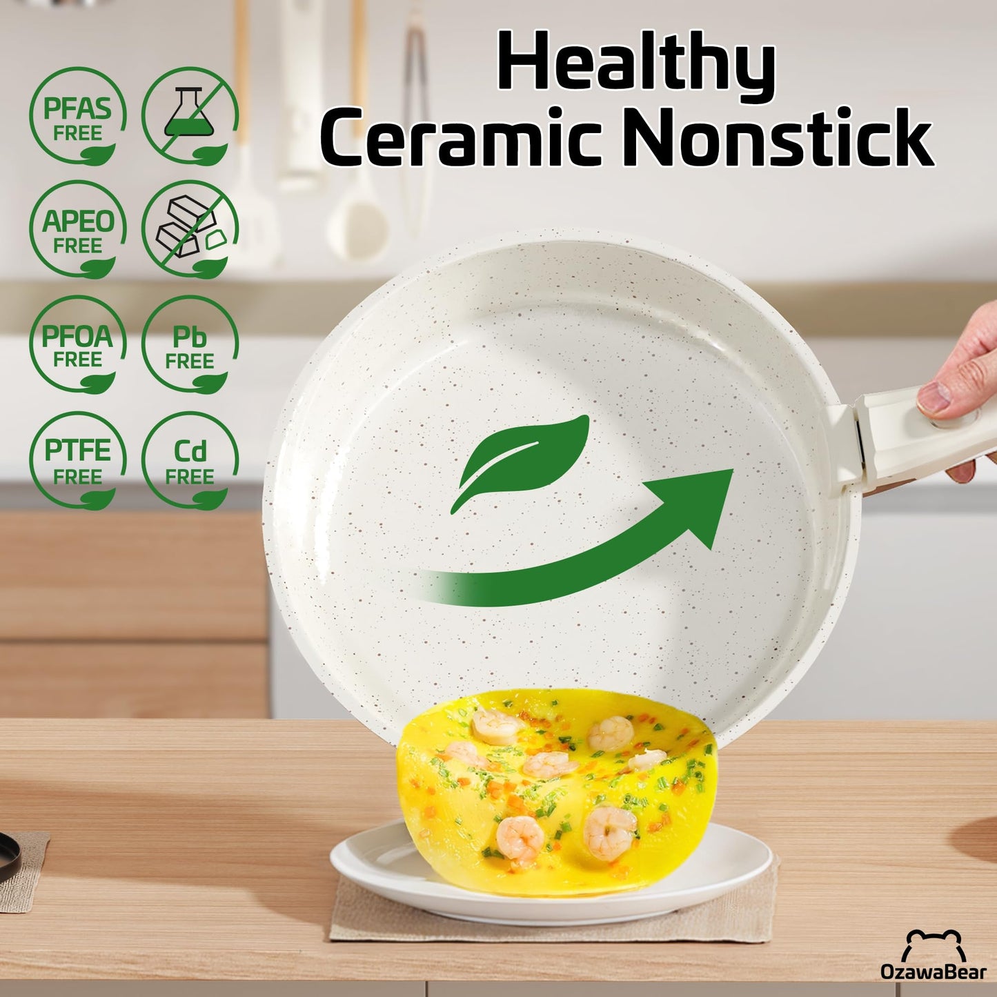 OzawaBear 23 Pcs Pots and Pans Set Non Stick, Ceramic Cookware Set Non Toxic with Detachable Handles, Healthy Induction Cookware Oven Safe RV Kitchen Set, PFAS PFOA & PTFE Free, Cream White